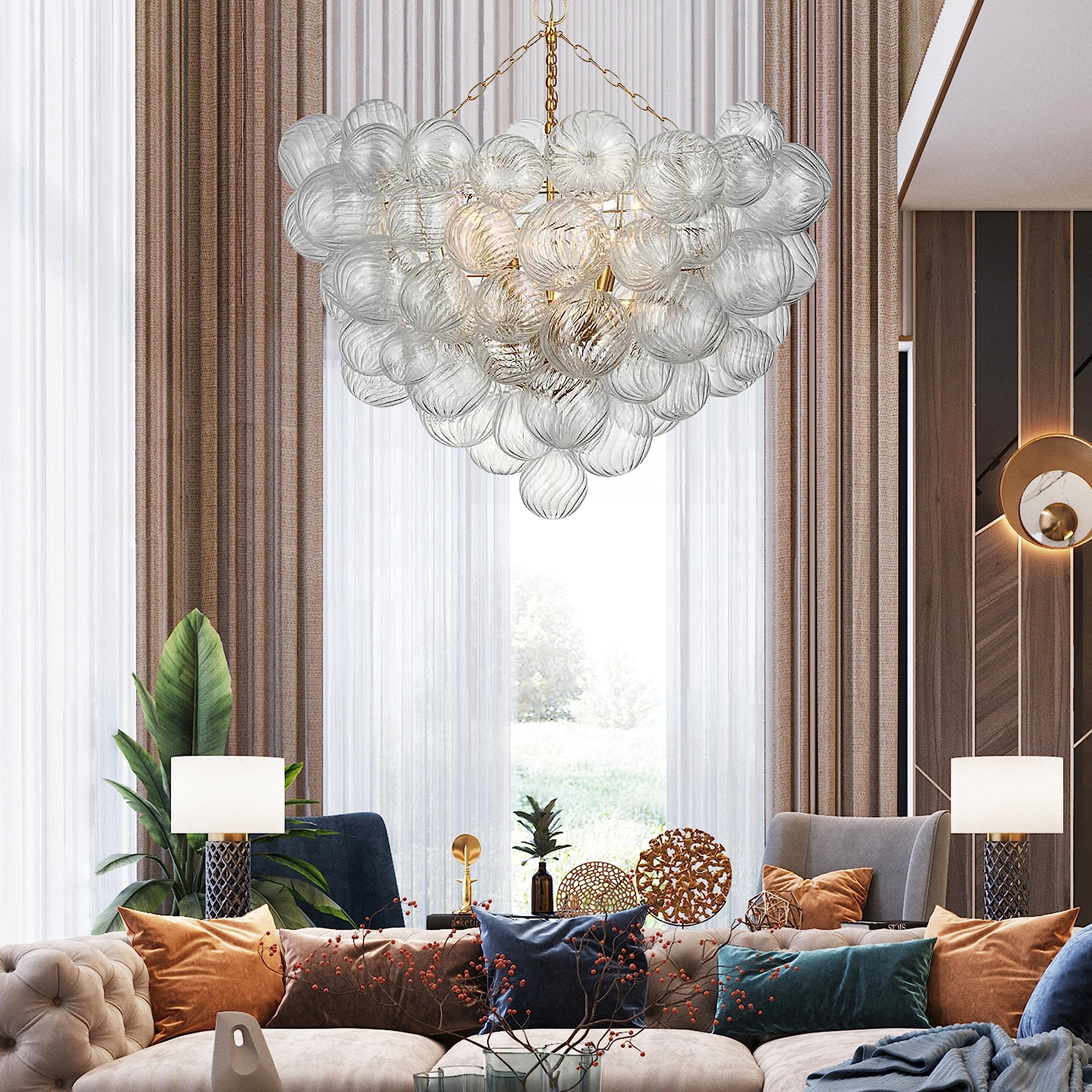 Semi Flush Mount Ceiling Bubble Ball Chandelier Lighting Dia 20 Inch Gold Clear Ribbed Blown Glass Chandeliers Ceiling Medallions Light Fixtures for Bedroom, Living Room, Entry, Bathroom