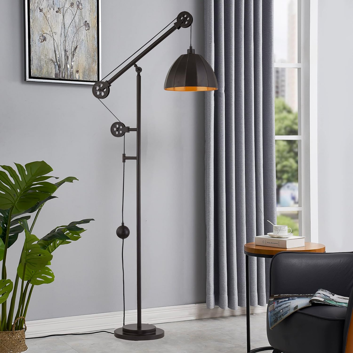 Industrial Counterweight Pulley Floor Lamp with Adjustable Metal Shade Rustic Deep Bronze Floor Lamps for Living Room,Bedrooms,Office,Reading Farmhouse Tall Standing Lamp Modern Stand Up Lamp