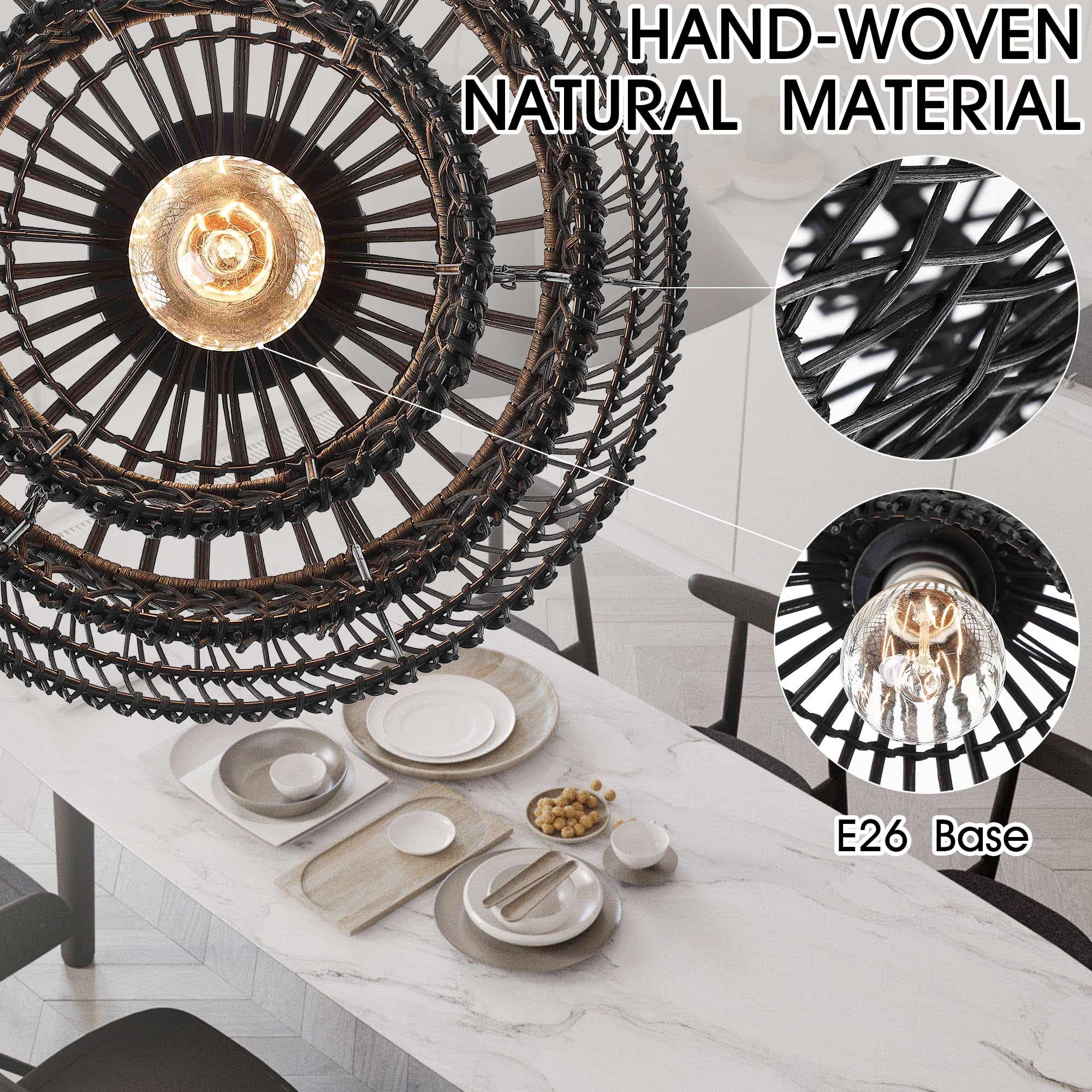 12'' Rattan Ceiling Light Fixtures Boho Chandelier Rattan Semi Flush Mount Ceiling Light with Tiered Wicker Lampshade,Farmhouse Ceiling Light Fixtures for Bedroom Entryway Living Room Nursery