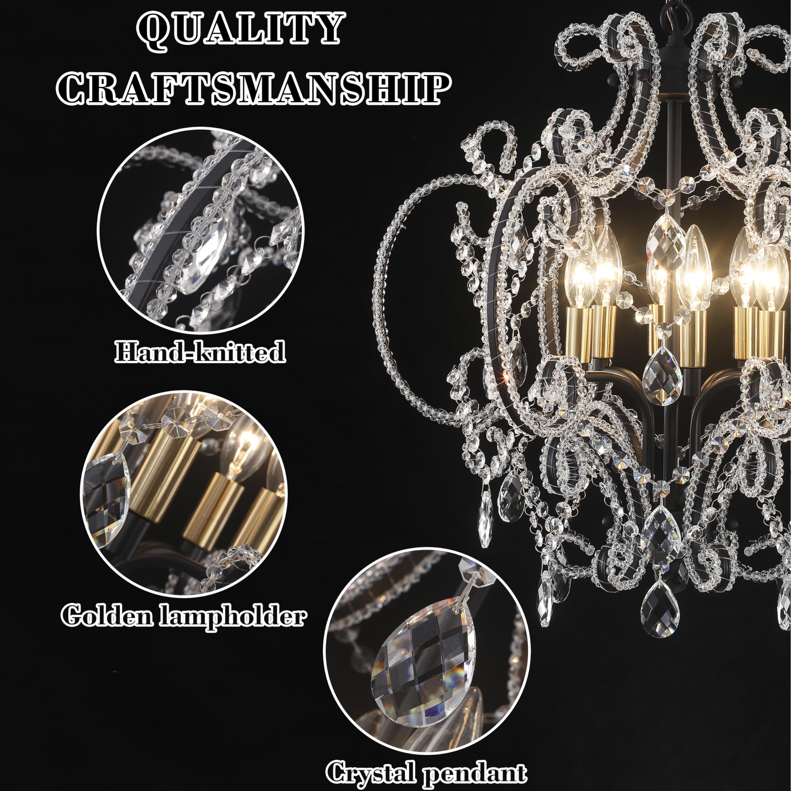 Modern Black Glass Chandeliers for Dining Room Water Ripple Glass Light Fixture 6-Light Crystal Chandeliers for Kitchen Island Living Room Bedroom