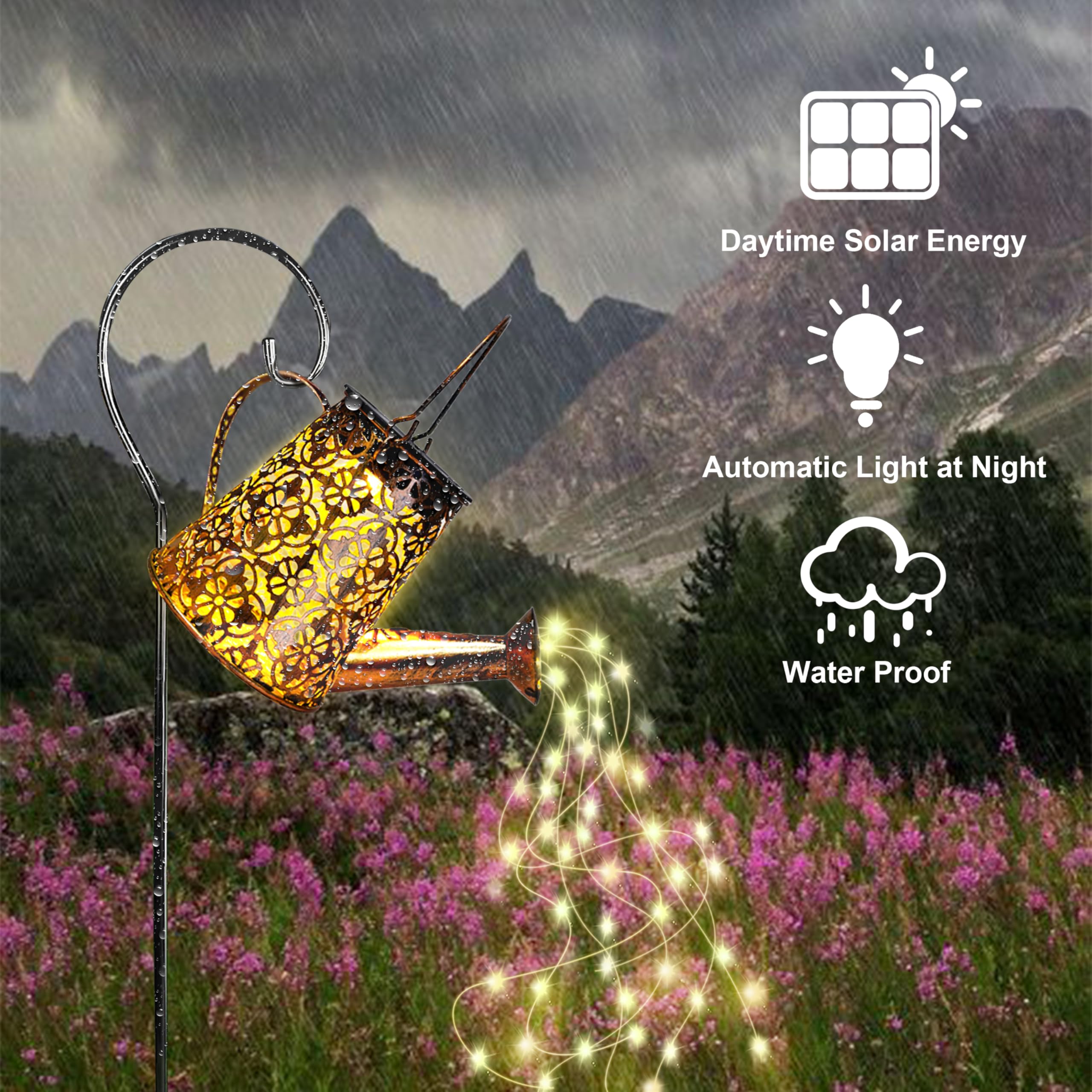 Solar Garden Watering Can Lights,Solar Waterfall Lights with Cascading Lights Waterproof Charging Board,Garden Decor for Outside,Outdoor Solar Light String Fairy LED Hanging Lantern for Yard Decor SY