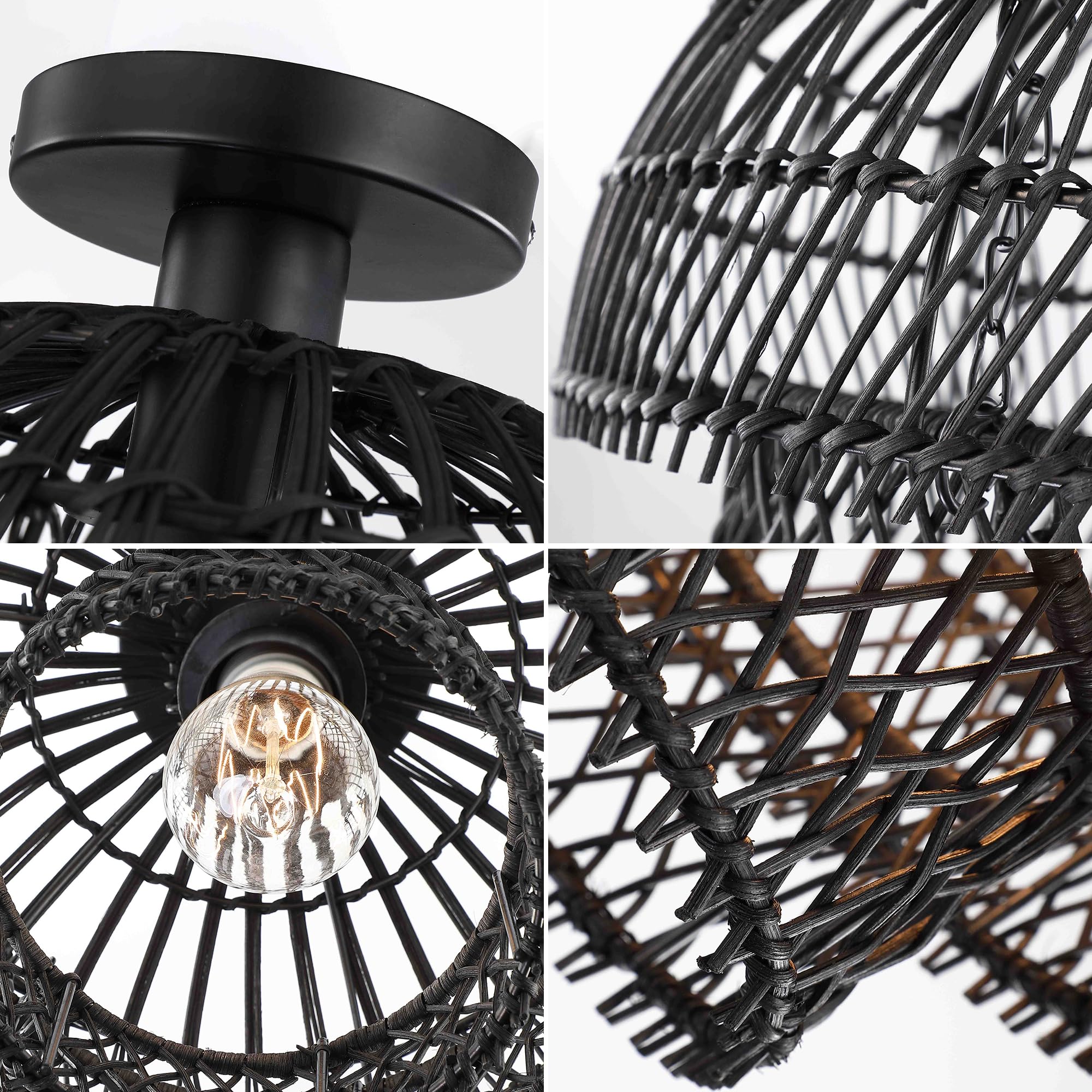 12'' Rattan Ceiling Light Fixtures Boho Chandelier Rattan Semi Flush Mount Ceiling Light with Tiered Wicker Lampshade,Farmhouse Ceiling Light Fixtures for Bedroom Entryway Living Room Nursery