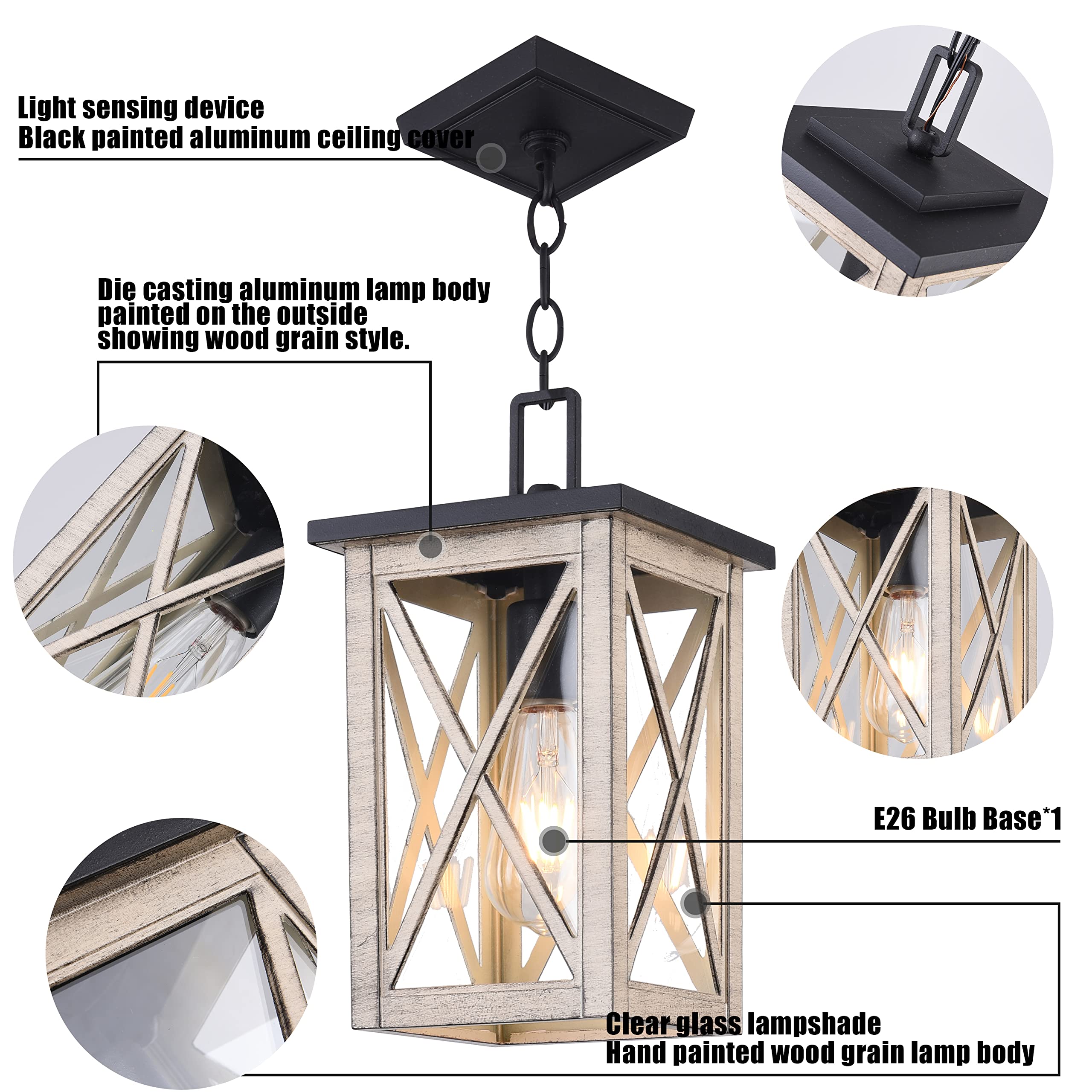 Outdoor Pendant Light Exterior Hanging Lantern Porch Pendant Lights, Light Wood Grain with Glass 1-Light Lamp for for Porch, Patio, Entryway