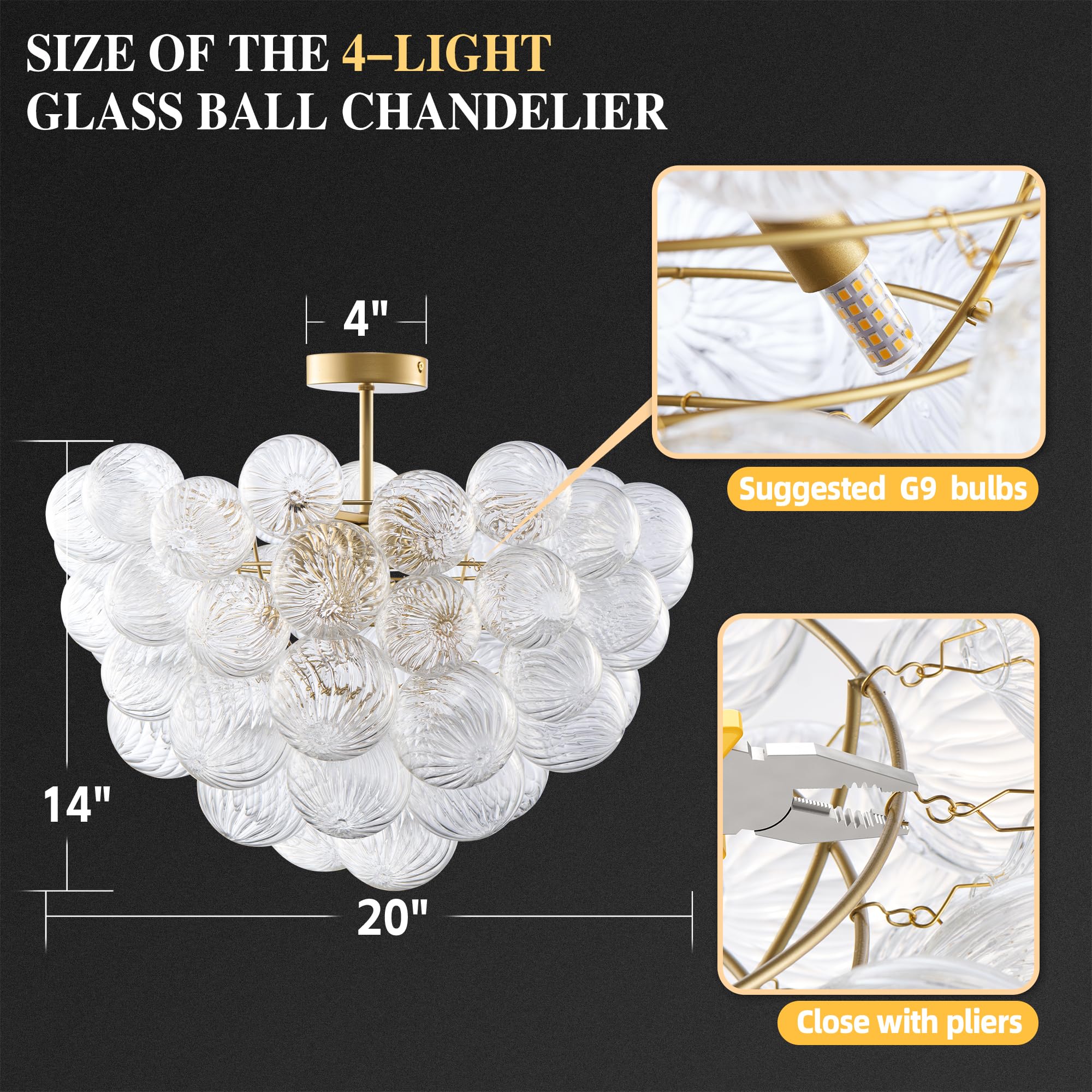 Semi Flush Mount Ceiling Bubble Ball Chandelier Lighting Dia 20 Inch Gold Clear Ribbed Blown Glass Chandeliers Ceiling Medallions Light Fixtures for Bedroom, Living Room, Entry, Bathroom