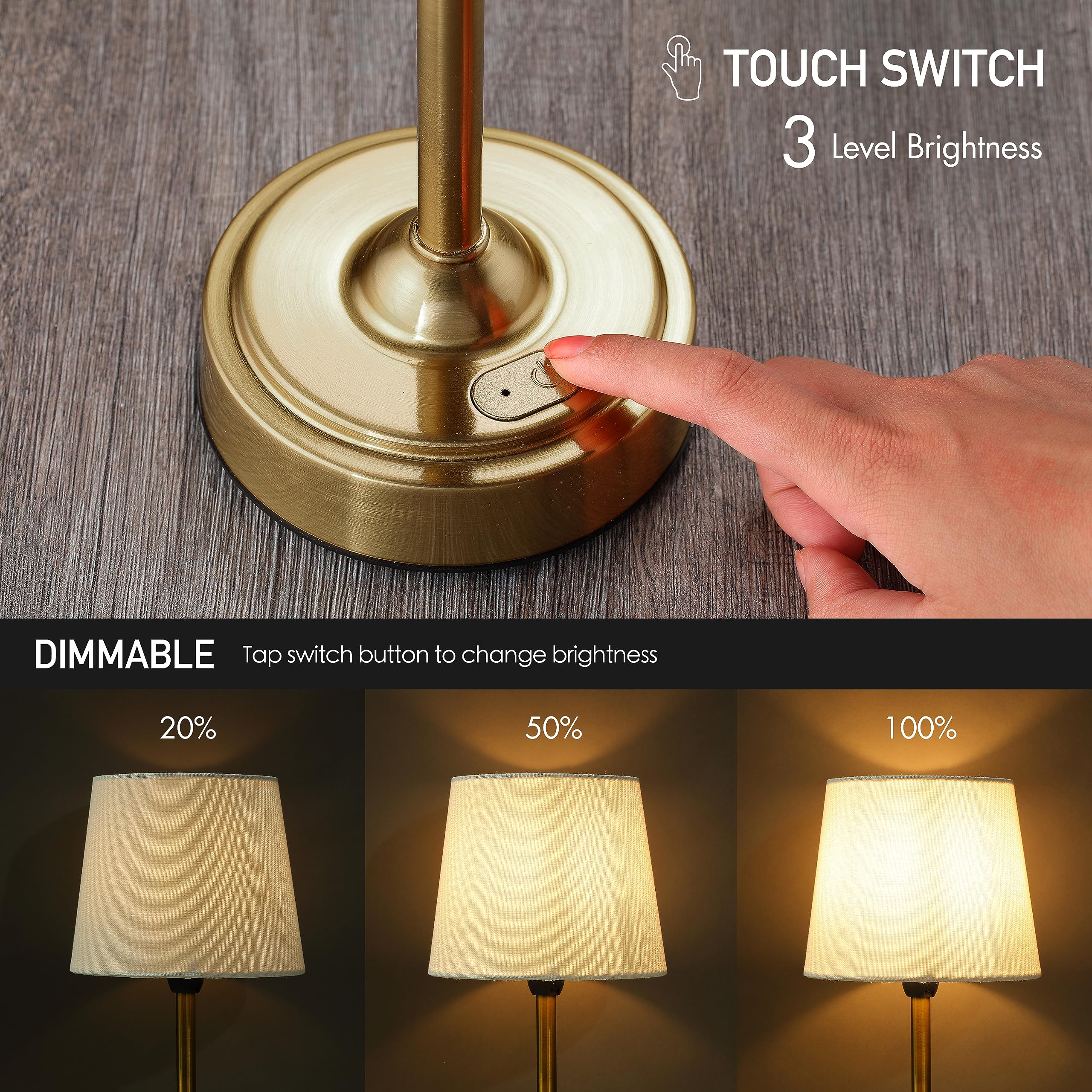 Cordless LED Table Lamp with Dimmer, Built-in Rechargeable Battery, 3-Level Brightness, Patio Table Lamp, Bedside Night Lamp, Ambient Light for Restaurant, Antique Brass