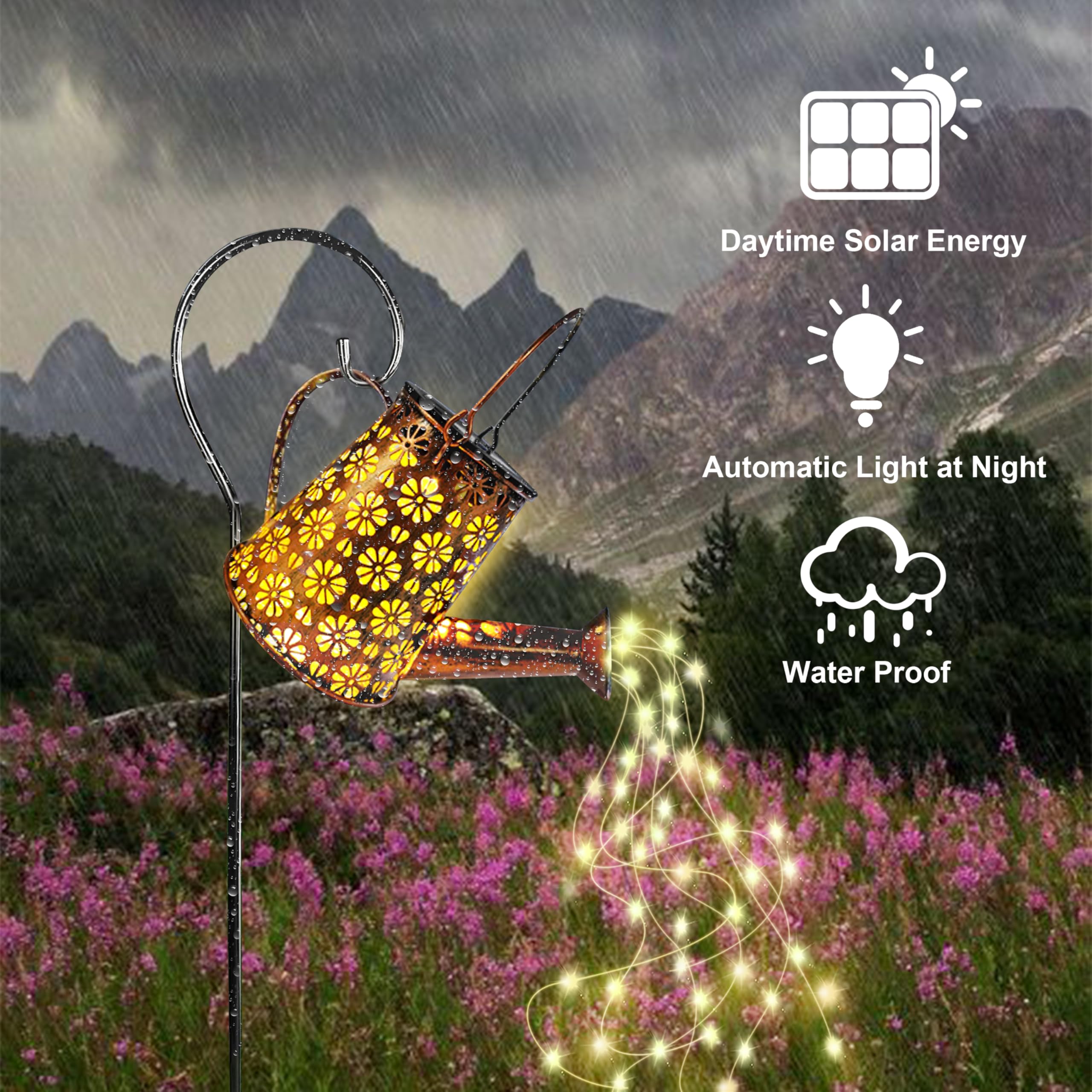 Solar Garden Watering Can Lights,Solar Waterfall Lights with Cascading Lights Waterproof Charging Board,Garden Decor for Outside,Outdoor Solar Light String Fairy LED Hanging Lantern for Yard Decor SY