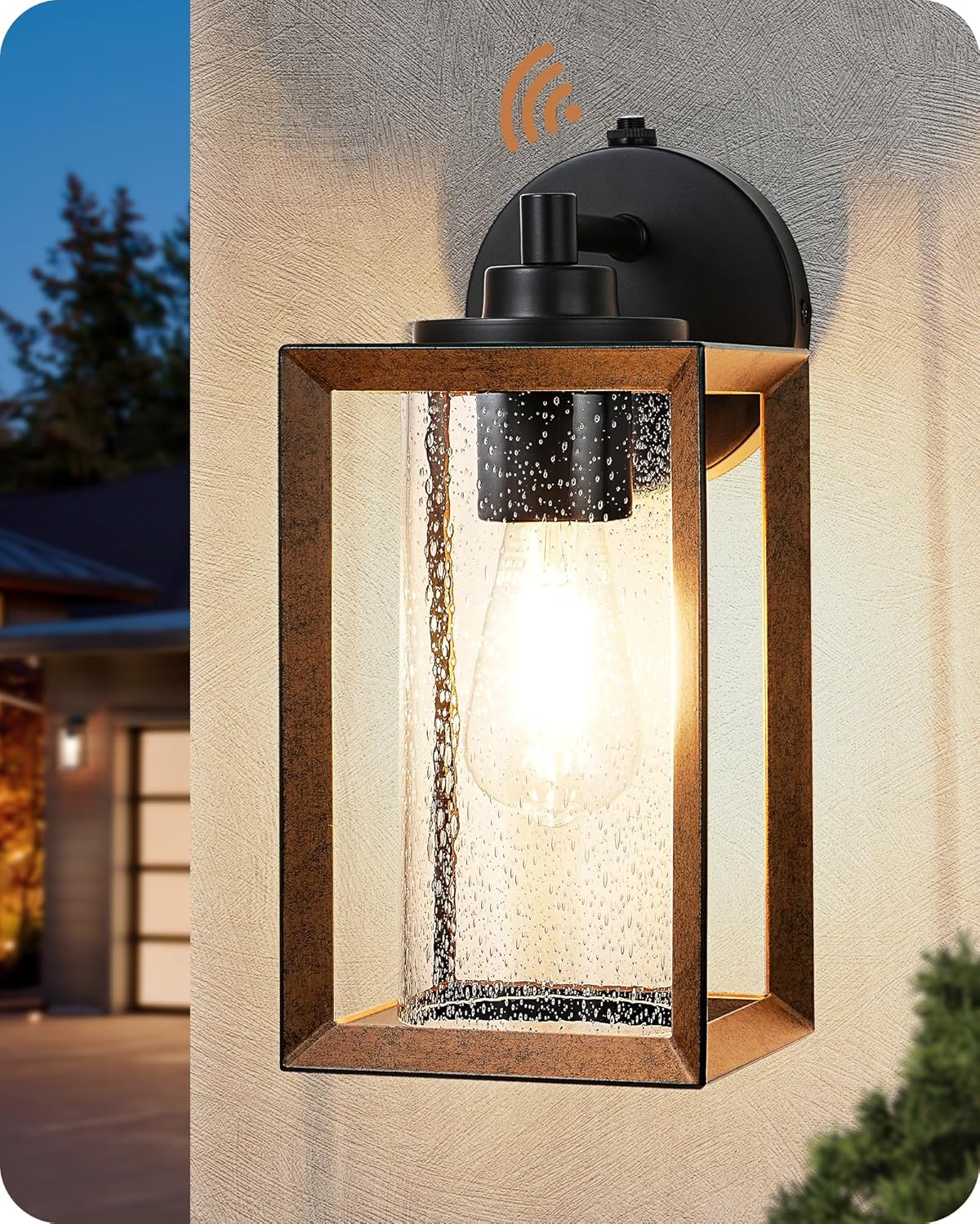 Outdoor Wall Lights, Farmhouse Exterior Lighting Fixtures with Seeded Glass, Wood Grain Finish Porch Light Wall Mount Lantern Waterproof Outside Wall Sconce Lamp, E26 Base