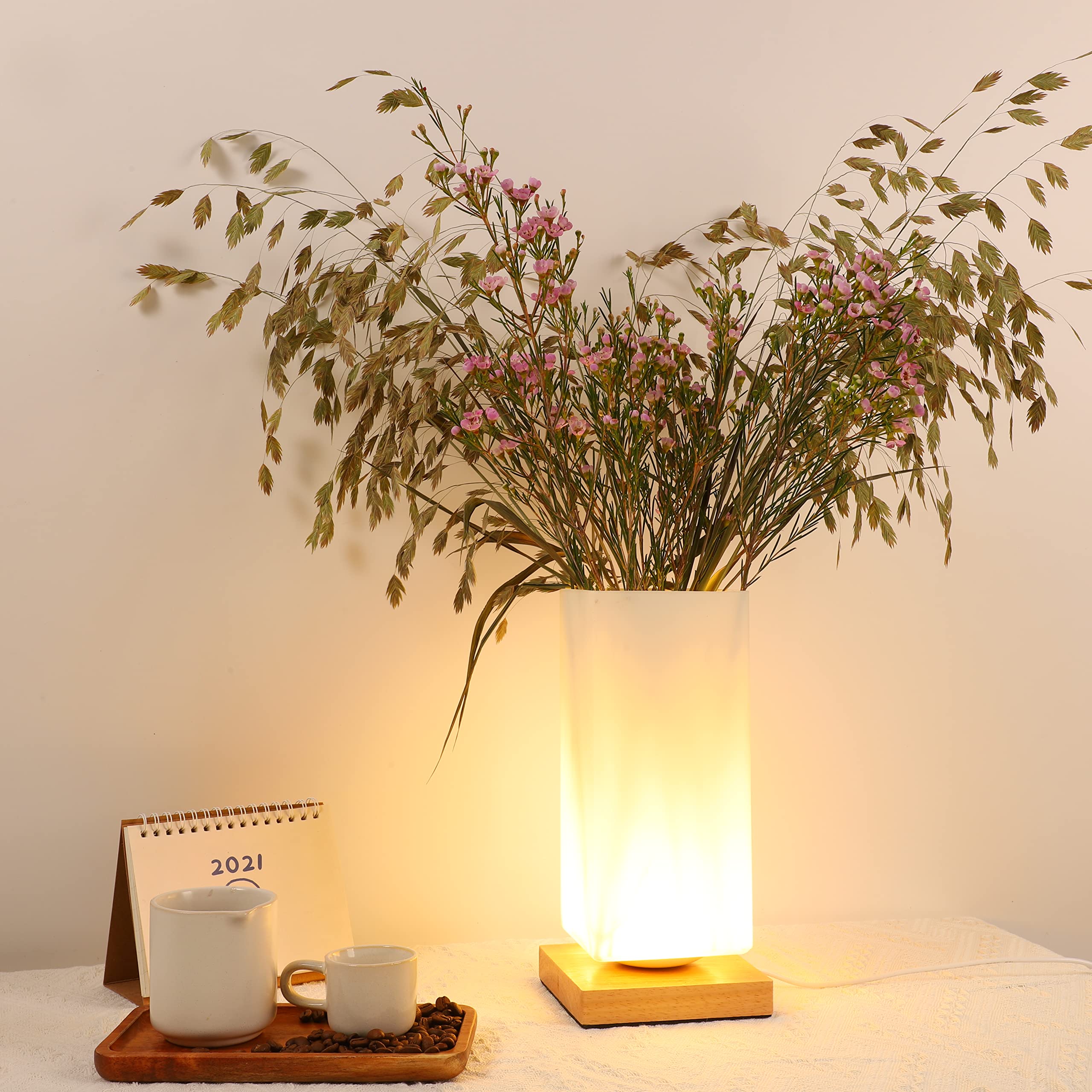 Vase Lamp Table Lamp USB Charge Flower Lamp Vase Table Lamp Dimmable Bedside Lamp Frosted Glass Shade with Wood Base for Bedroom Living Room Office Desk