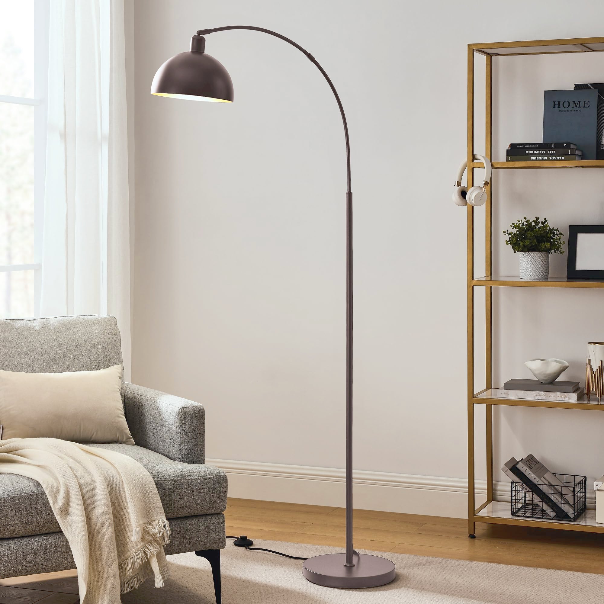 Curved Floor Lamp with Remote Control and Adjustable Hanging Drum Lampshade with Foot Switch, Suitable for Black Desk Lamp, Reading Lamp Next to Sofa, and Living Room (Coffee Gold)