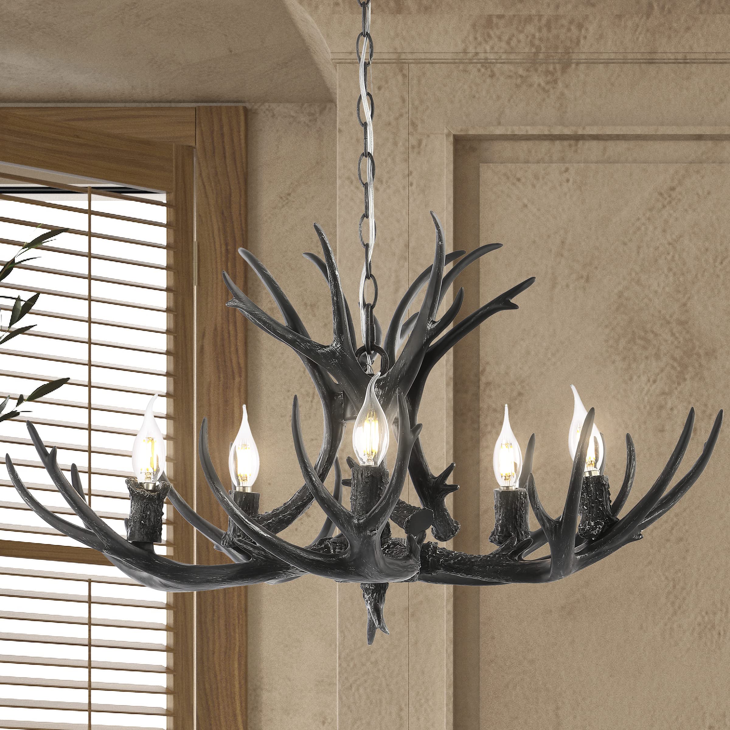 30" Adjustable Resin Antler 5-Light LED Chandelier, Glam, Rustic,Cottage,Transitional, Dimmable Dining Room, Living Room, Kitchen, Foyer, Bedroom, White