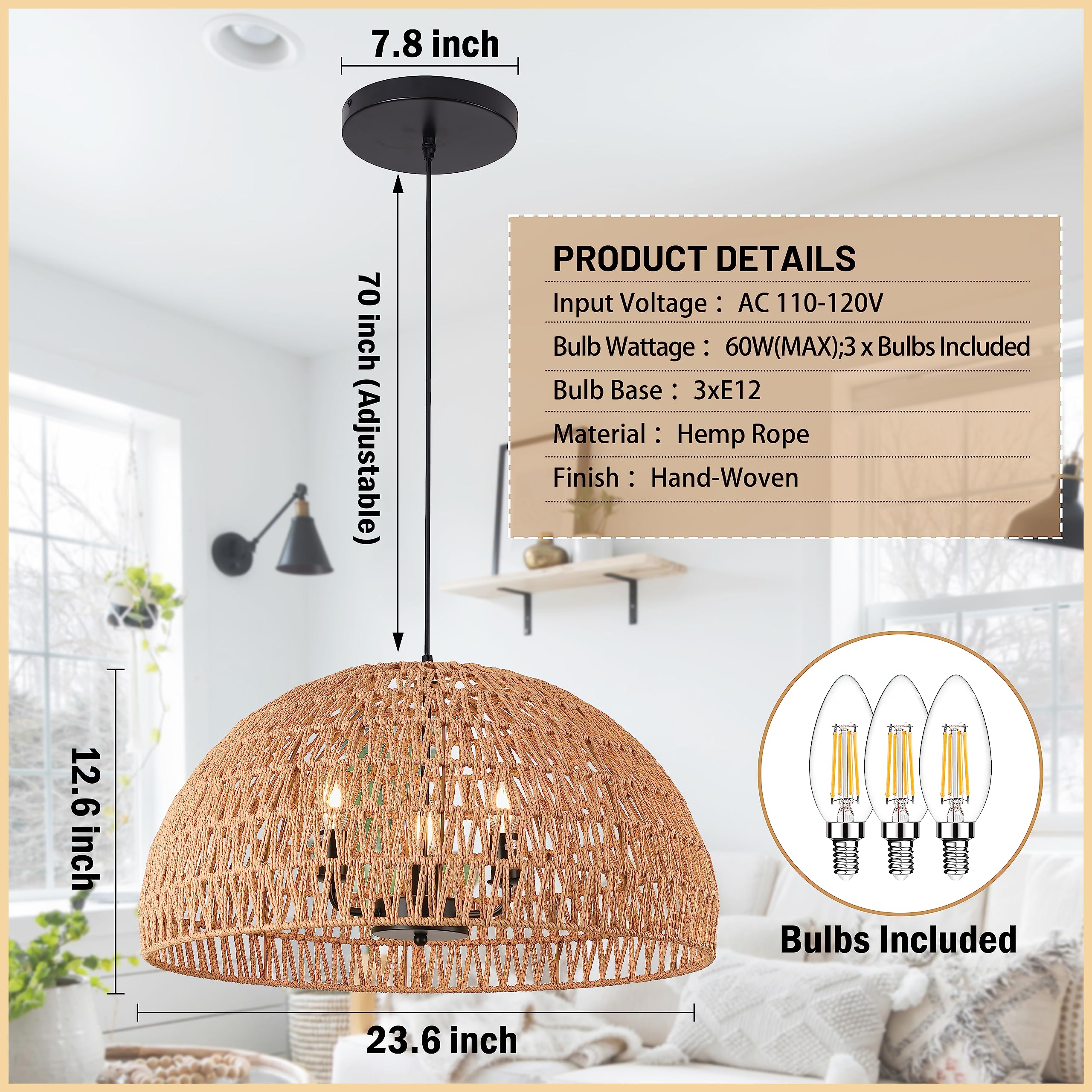 Mini Hemp Rope Woven Pendant Light Woven Light Fixture Boho Chandelier Light Fixture Wicker Pendant Light Rattan Light Pendant Dome Wicker Chandelier for Bedroom Kitchen Island(Bulb Incl.)