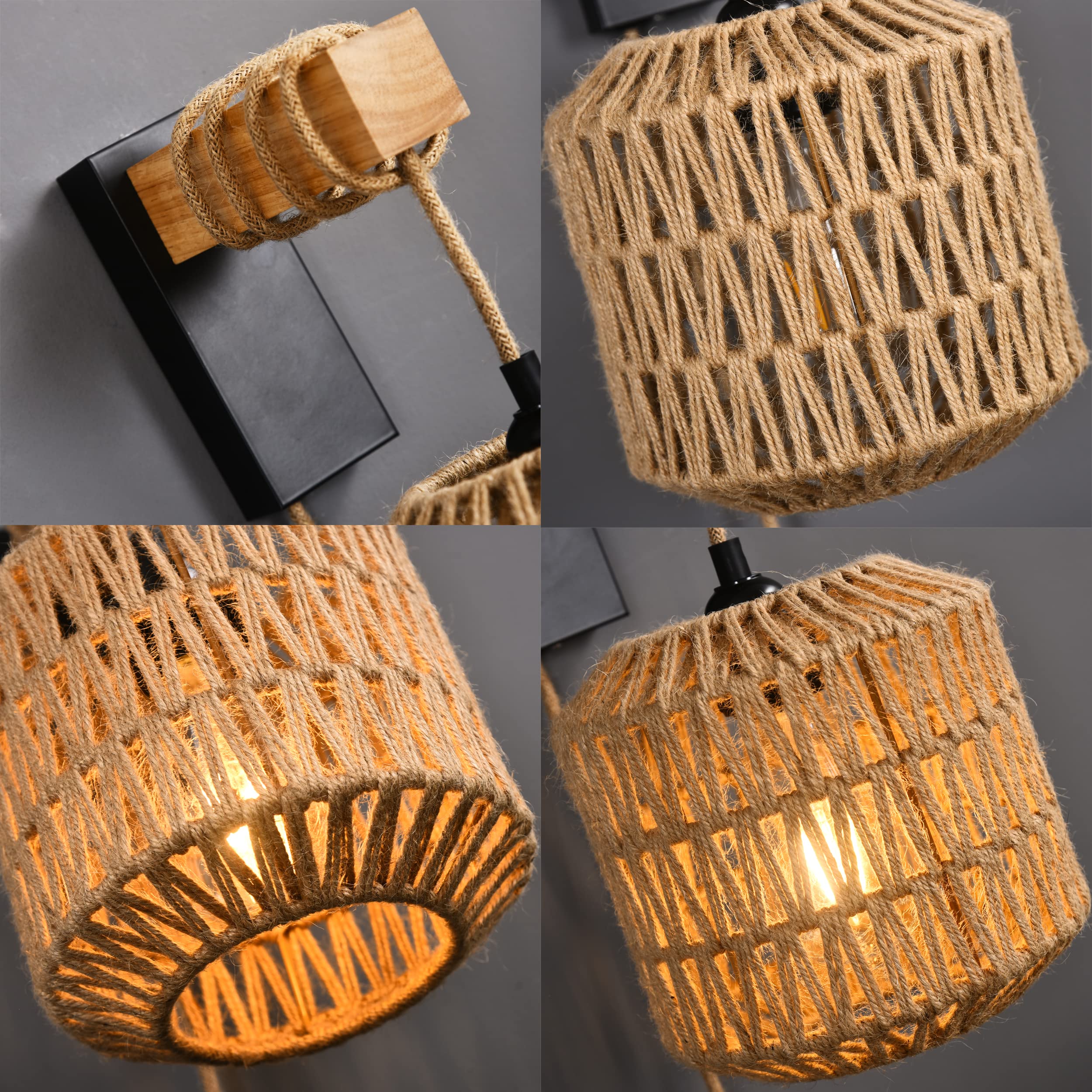 Rattan Wall Sconces Set of Two Plug in,Farmhouse Plug in Wall Sconces Hand Woven Bamboo Wall Light Fixtures with Switch,Rustic Black Wall Sconce Light Wall Lamp Plug in Sconces for Living Room Bedroom