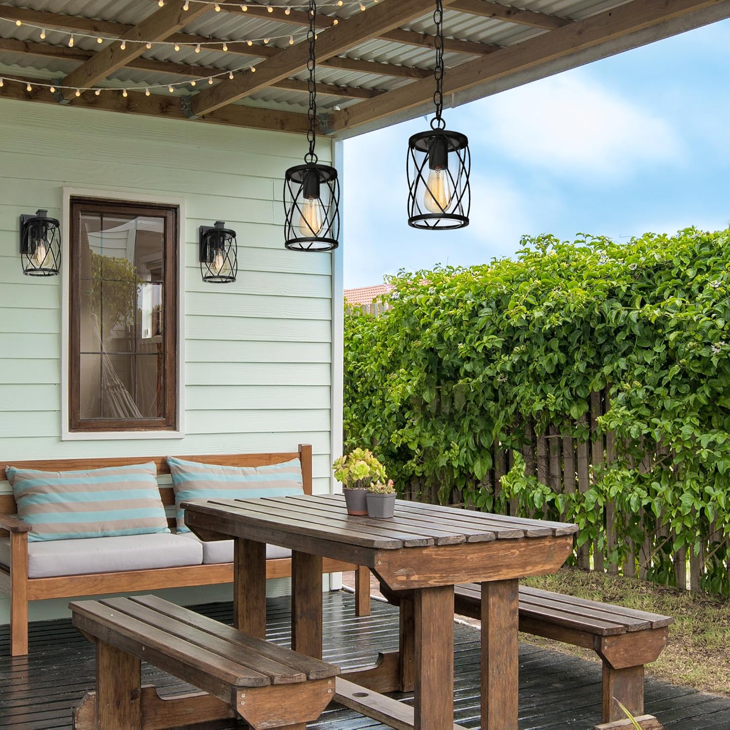 Outdoor Pendant Light for Porch, Black Outdoor Pendant Lights Farmhouse Exterior Hanging Light Fixture with Metal Cage Clear Glass Shade