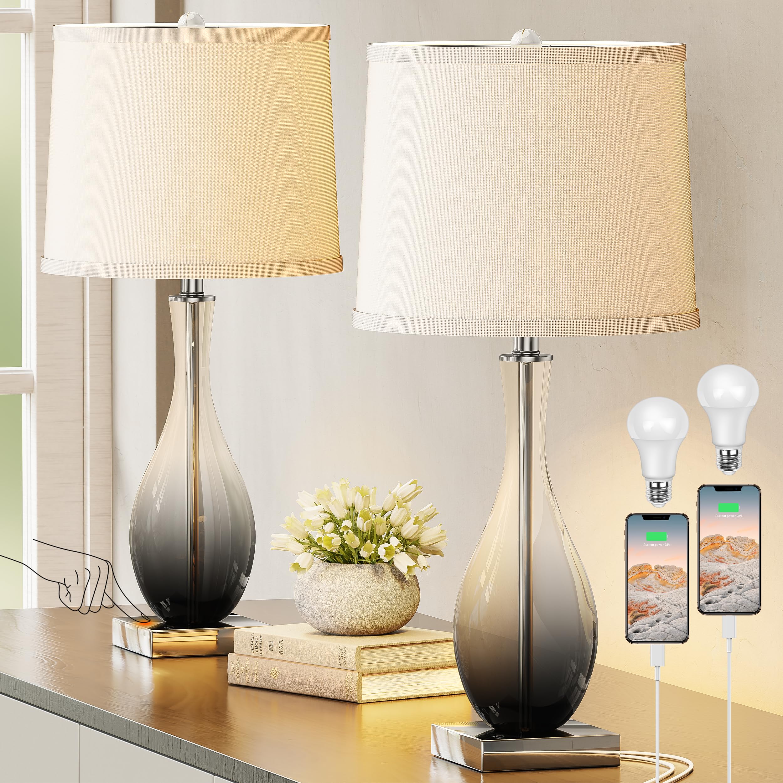 Table Lamps Set of 2 with Touch Control, 3-Way Dimmable Modern Glass table lamp for Living Room with USB C and A Charging Ports， 27" Bedside Desk Lamps for Nightstand Decorations(LED Bulbs Included)