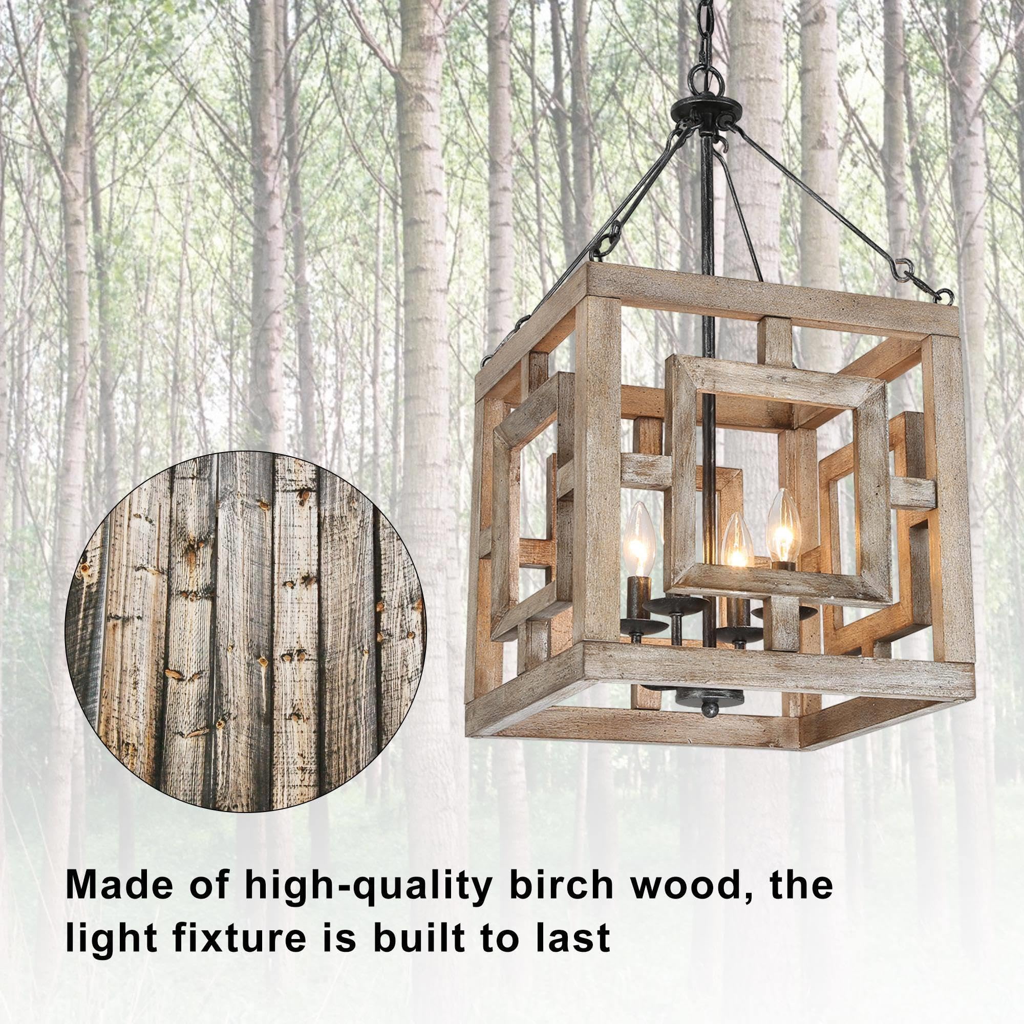 Farmhouse Wood Chandelier, 3 Light Rustic Mid-Century Lantern Wooden Chandeliers Hanging Light Fixture for Dining Room, Living Room, Bedrooms, Living Room, Entryway