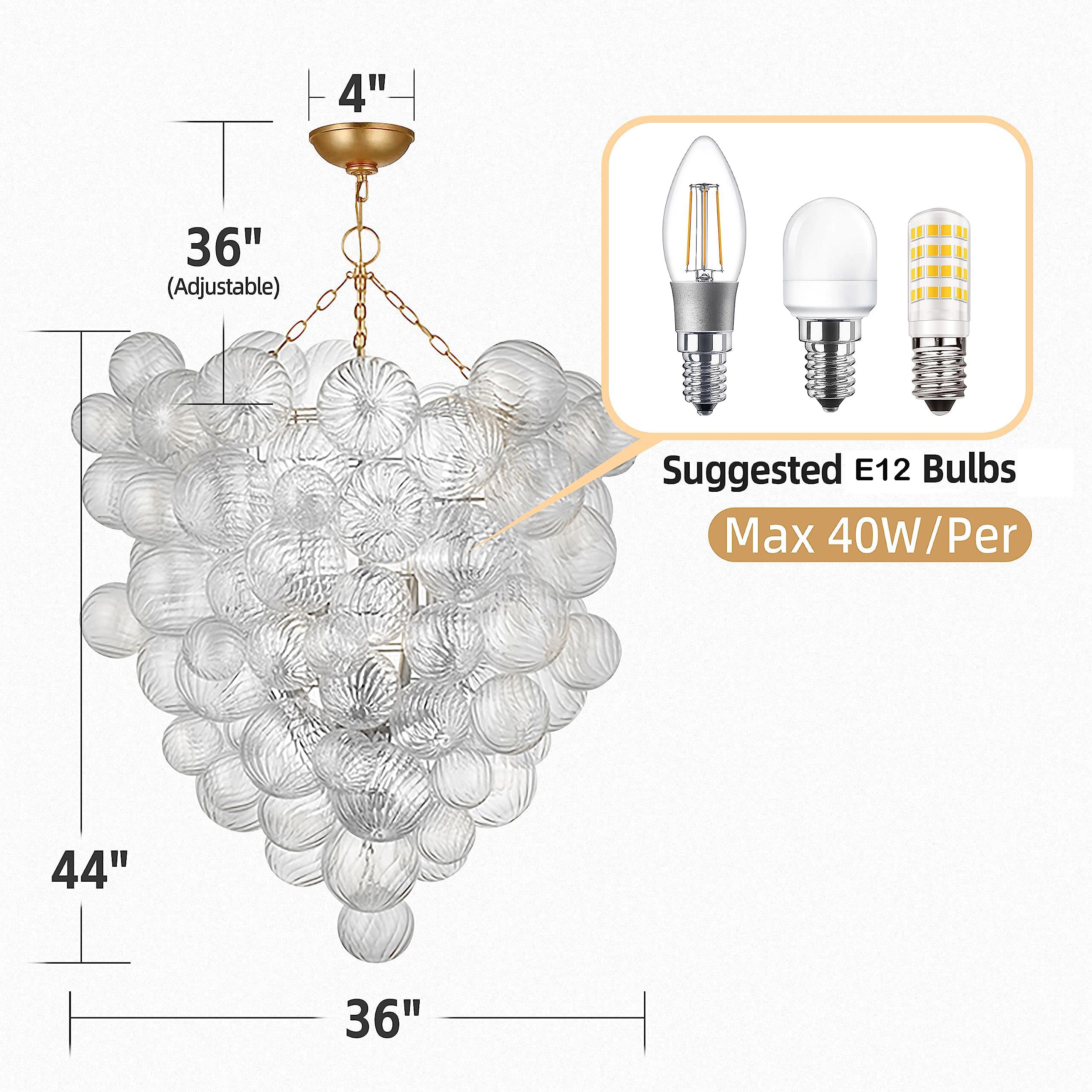 Semi Flush Mount Ceiling Bubble Ball Chandelier Lighting Dia 20 Inch Gold Clear Ribbed Blown Glass Chandeliers Ceiling Medallions Light Fixtures for Bedroom, Living Room, Entry, Bathroom