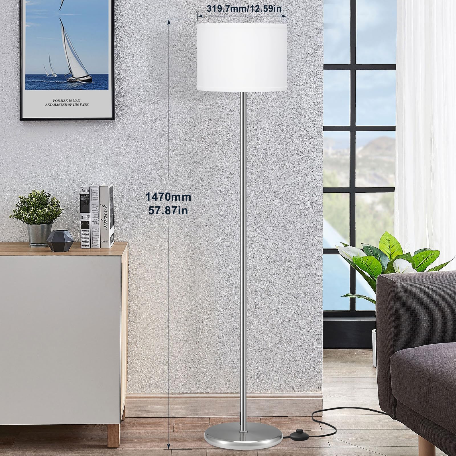 Modern Floor Lamp Simple Design with White Shade, Foot Pedal Switch, 60" Small Tall Lamps for Living Room Bedroom Office Dining Room Kitchen, Black Pole Lamp(Without Bulb)