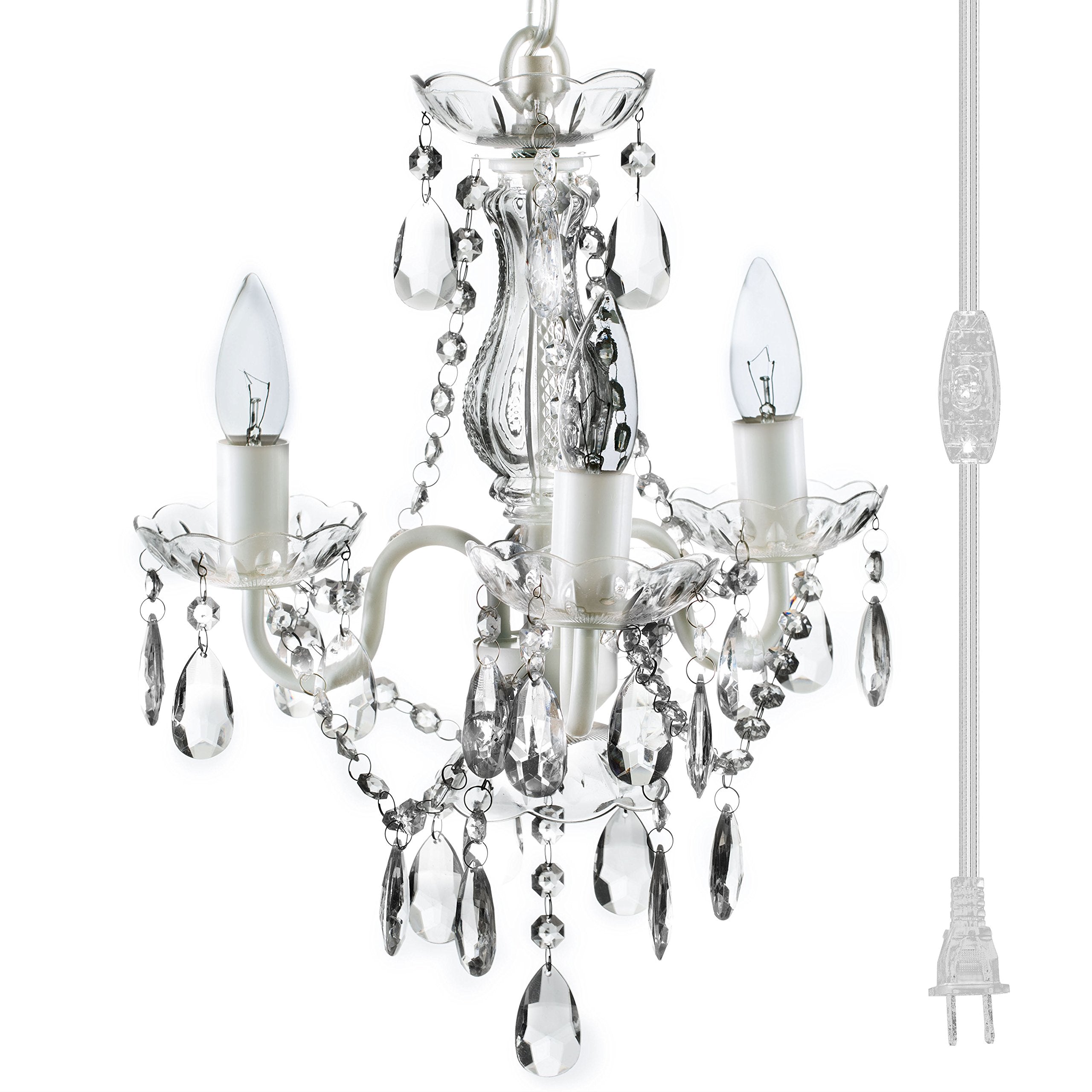 Plug-in 3 Light Crystal White Hanging Chandelier H17”xW12”, White Metal Frame with Clear Glass Stem and Acrylic Crystals