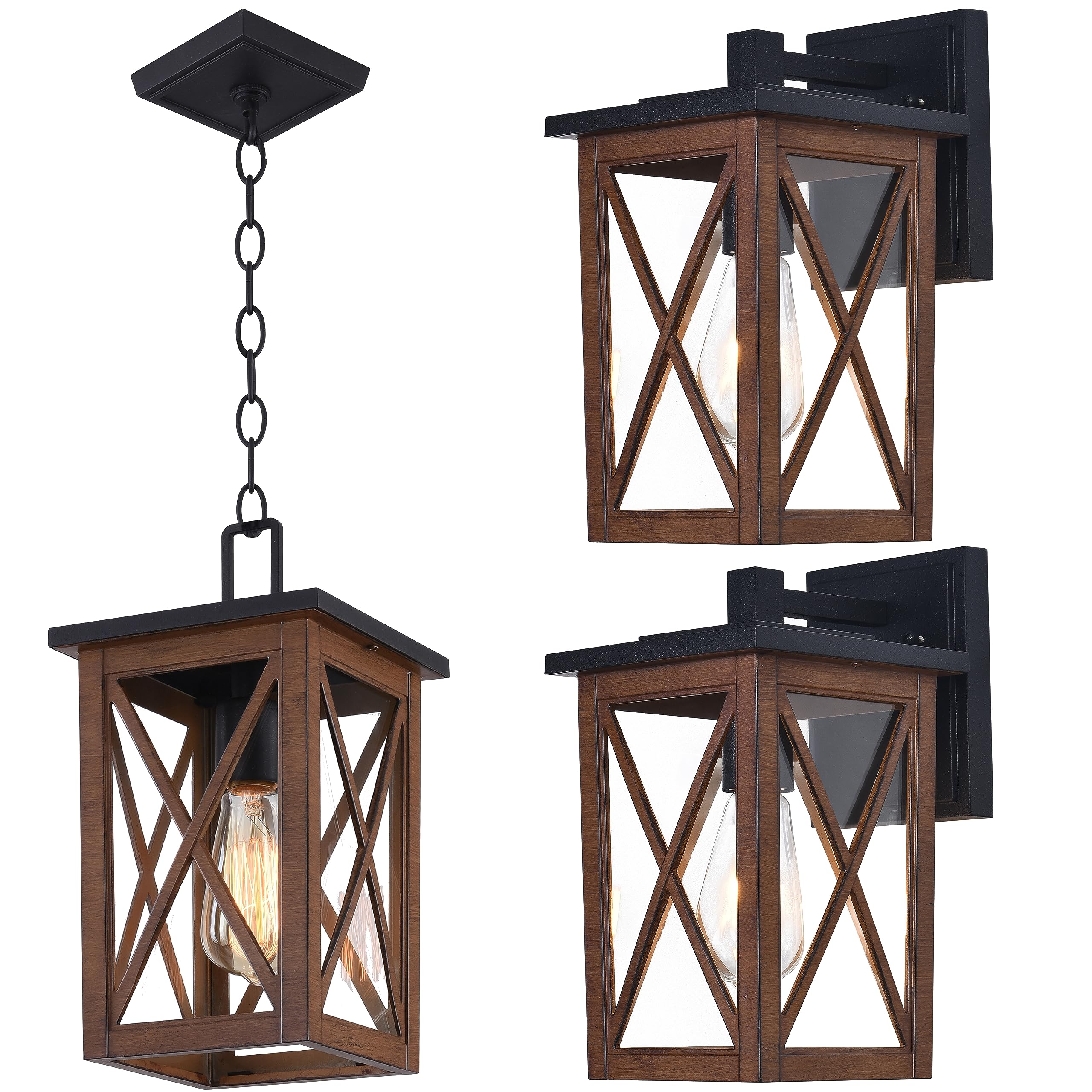 Outdoor Pendant Light Exterior Hanging Lantern Porch Pendant Lights, Light Wood Grain with Glass 1-Light Lamp for for Porch, Patio, Entryway