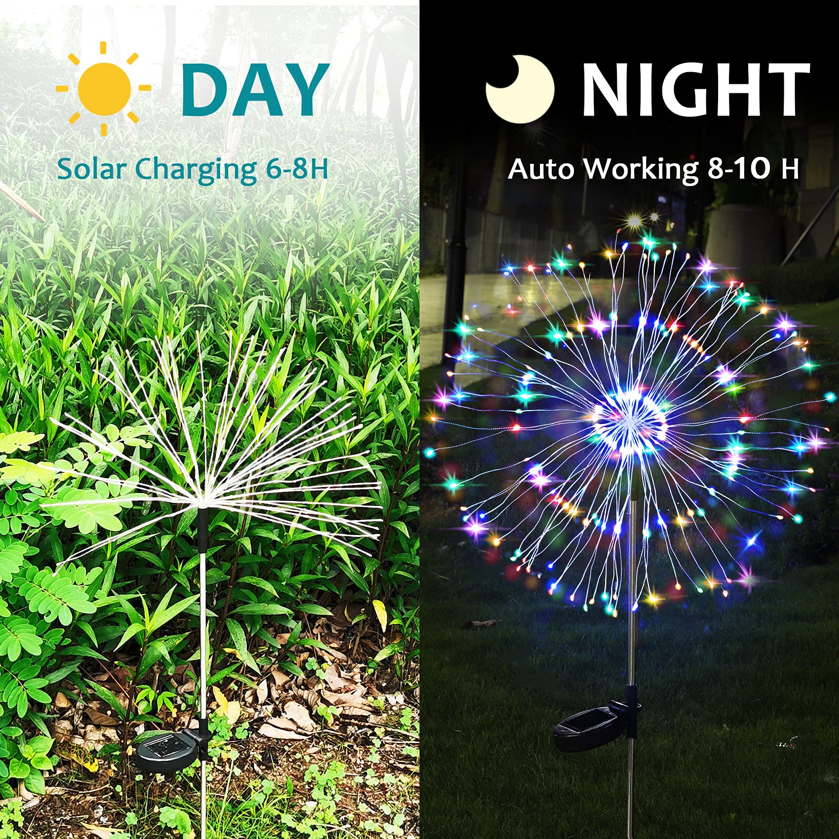 Solar Firework Lights, 2 Pack 120 LEDs 2 Lighting Modes Outdoor Waterproof for Garden Patio Walkway Pathway Party Wedding Christmas Decorative - Cool White