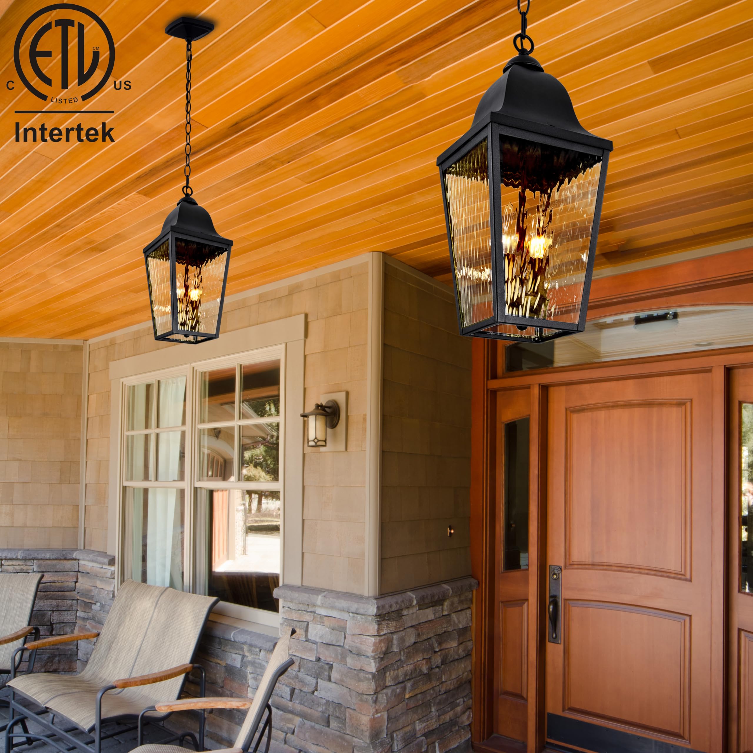 Outdoor Pendant Light Exterior Hanging Lantern Porch Pendant Lights, Light Wood Grain with Glass 1-Light Lamp for for Porch, Patio, Entryway