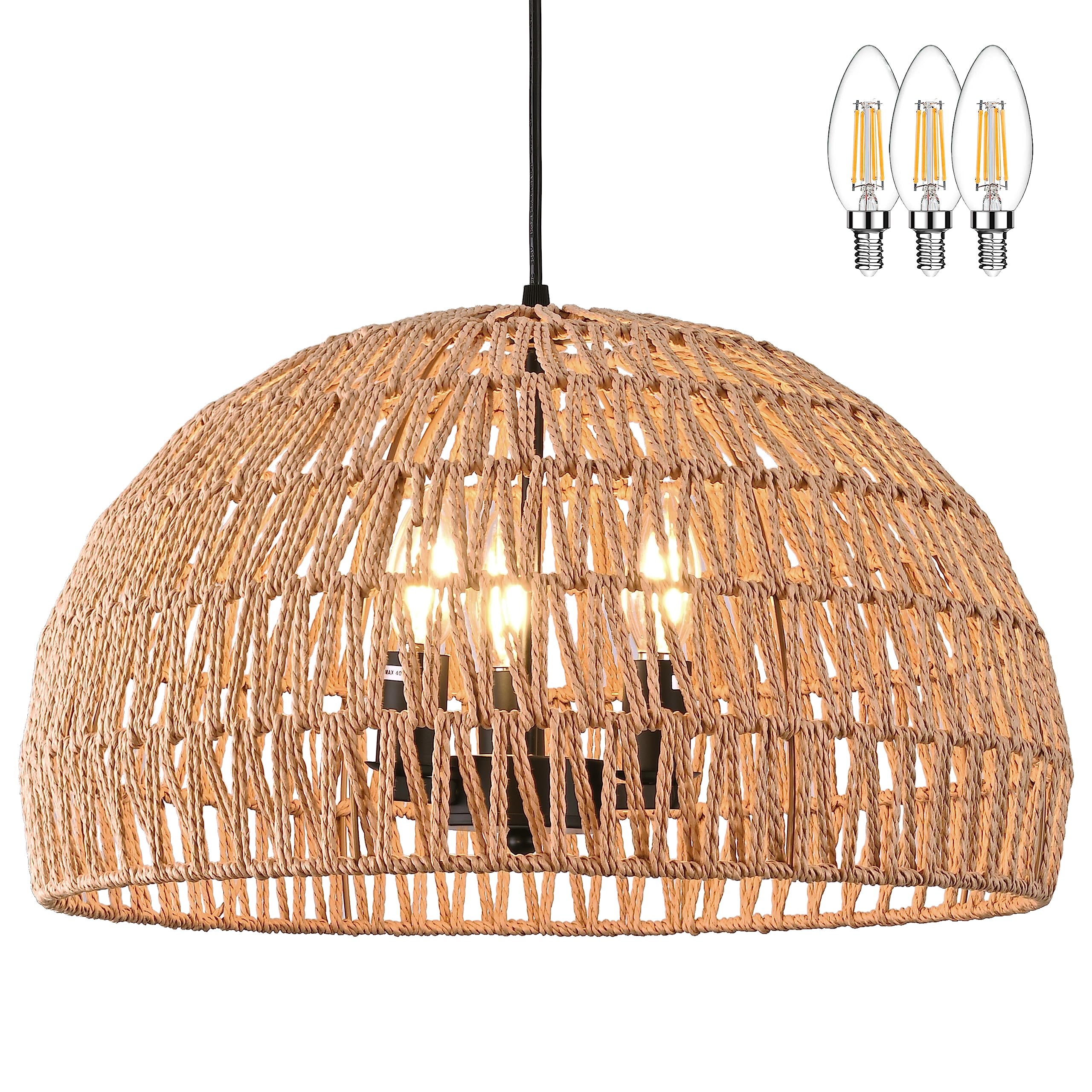 Mini Hemp Rope Woven Pendant Light Woven Light Fixture Boho Chandelier Light Fixture Wicker Pendant Light Rattan Light Pendant Dome Wicker Chandelier for Bedroom Kitchen Island(Bulb Incl.)