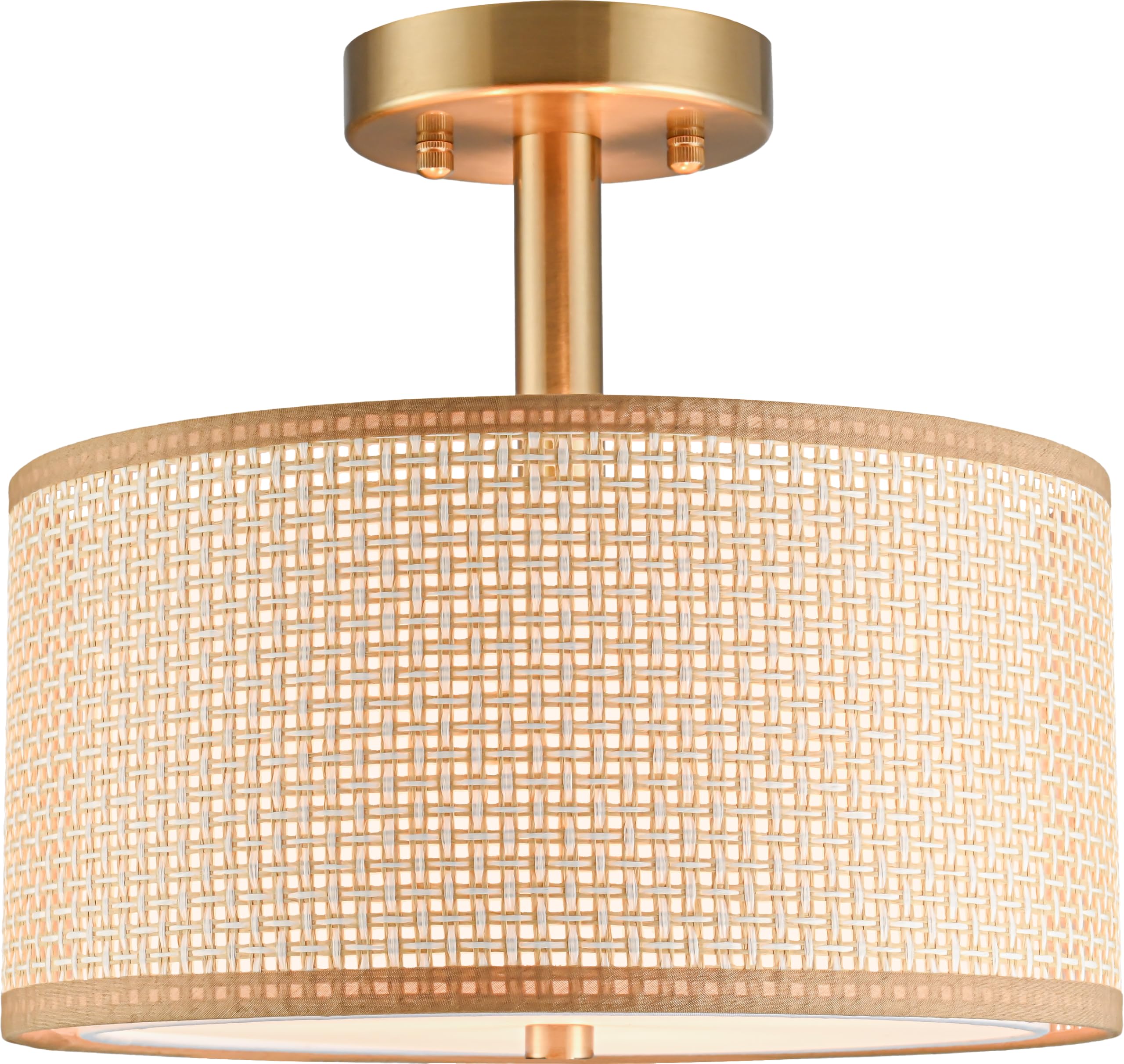 Semi Flush Mount Ceiling Light, Linen Fabric 12'' Drum Ceiling Light Fixture,Modern Gold Brass 3-Light Close to Ceiling Light Fixture for Dining Room Bedroom Living Room Hallway Kitchen