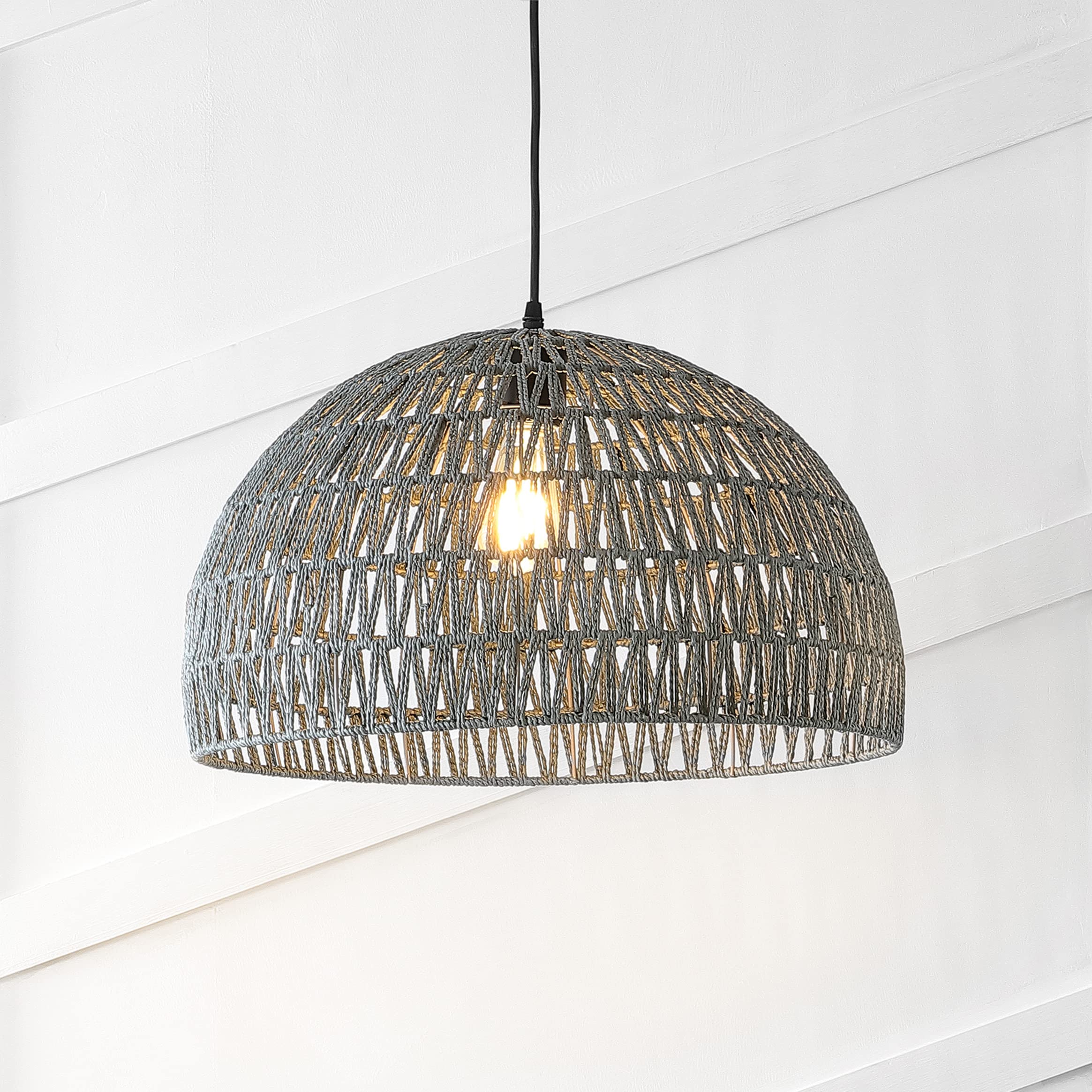 20" 1-Light Bohemian Modern Woven Rattan/Iron LED Pendant Farmhouse Coastal Adjustable Dining Room Living Room Kitchen Island Foyer Bedroom Hallway, Black