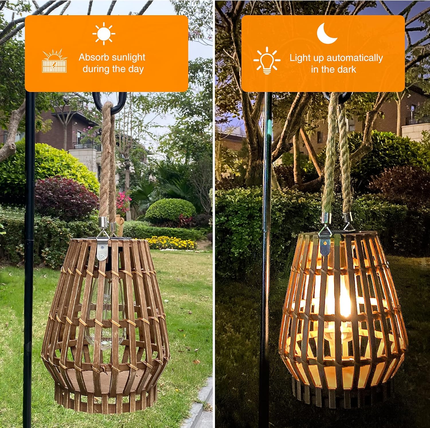 Battery Operated Outdoor Hanging Light Seagrass Woven Waterproof Porch Gazebo Patio Pendant Lantern Chandelier Lighting Decorative Hollow-Out Auto On/Off Warm White Bulb