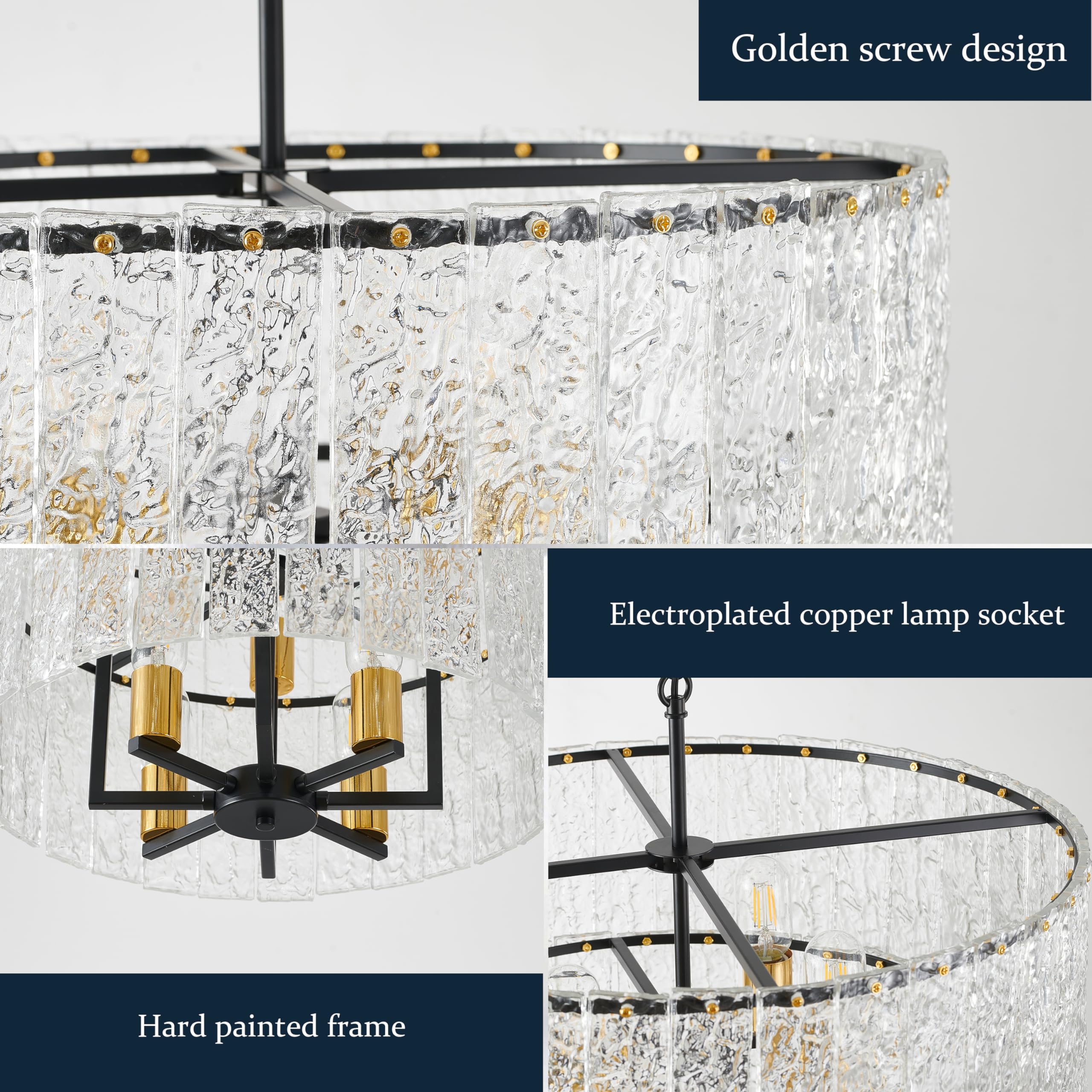 23.8” Modern Crystal Chandeliers for Dining Room 6-Light, Luxury Water Ripple Glass Chandelier Over Table, Black Round Light Fixture Farmhouse for Dining Room Foyer Living Room Bedroom