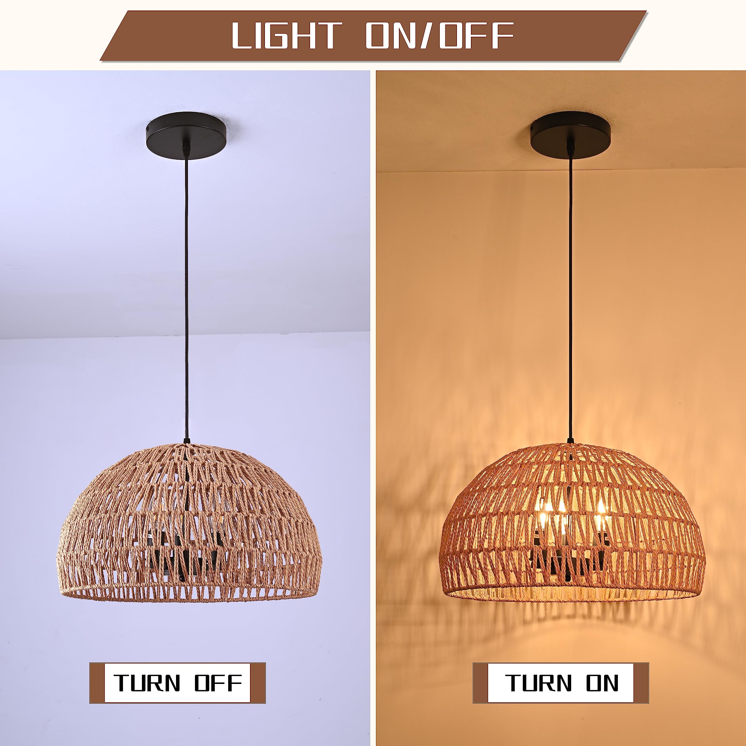 Mini Hemp Rope Woven Pendant Light Woven Light Fixture Boho Chandelier Light Fixture Wicker Pendant Light Rattan Light Pendant Dome Wicker Chandelier for Bedroom Kitchen Island(Bulb Incl.)