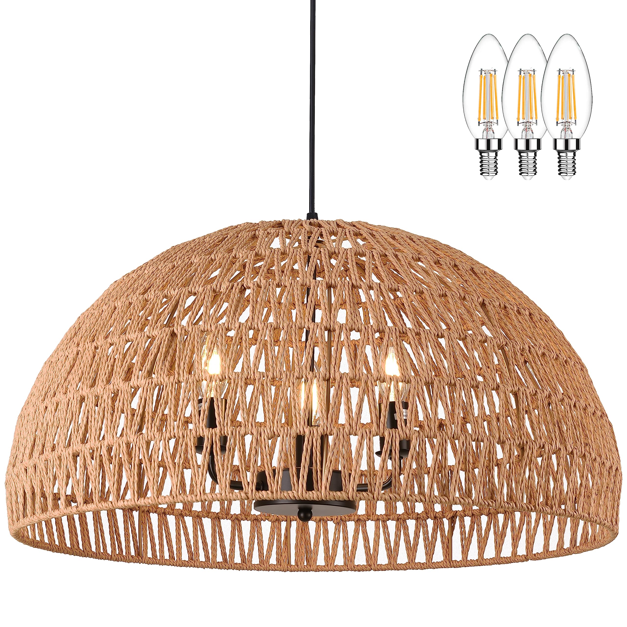 Mini Hemp Rope Woven Pendant Light Woven Light Fixture Boho Chandelier Light Fixture Wicker Pendant Light Rattan Light Pendant Dome Wicker Chandelier for Bedroom Kitchen Island(Bulb Incl.)