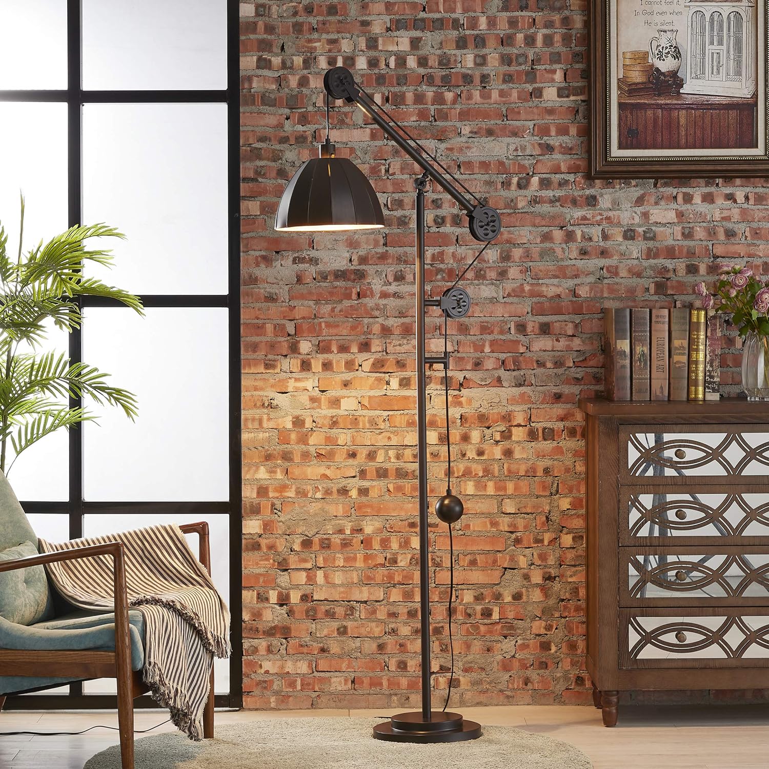 Industrial Counterweight Pulley Floor Lamp with Adjustable Metal Shade Rustic Deep Bronze Floor Lamps for Living Room,Bedrooms,Office,Reading Farmhouse Tall Standing Lamp Modern Stand Up Lamp