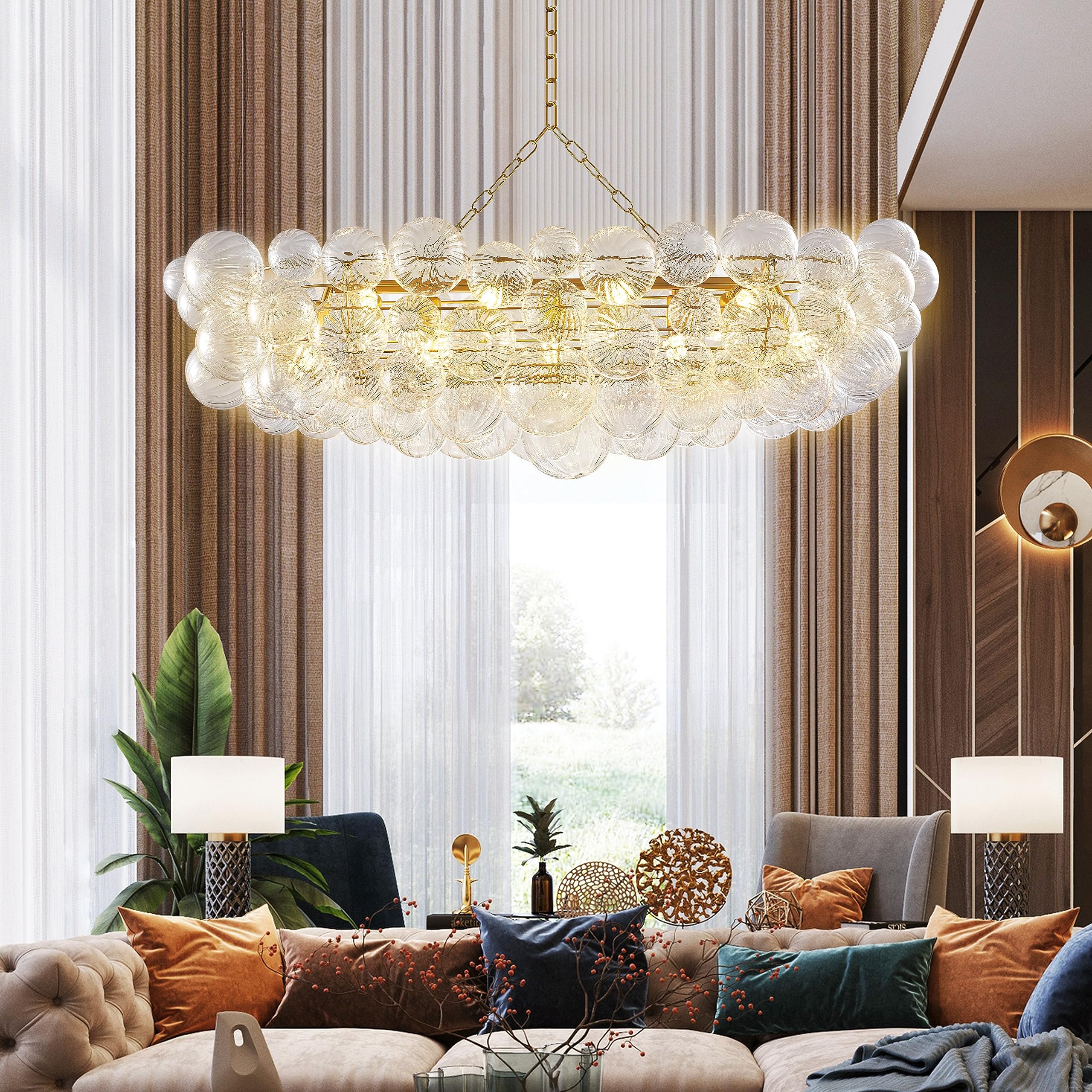 Semi Flush Mount Ceiling Bubble Ball Chandelier Lighting Dia 20 Inch Gold Clear Ribbed Blown Glass Chandeliers Ceiling Medallions Light Fixtures for Bedroom, Living Room, Entry, Bathroom