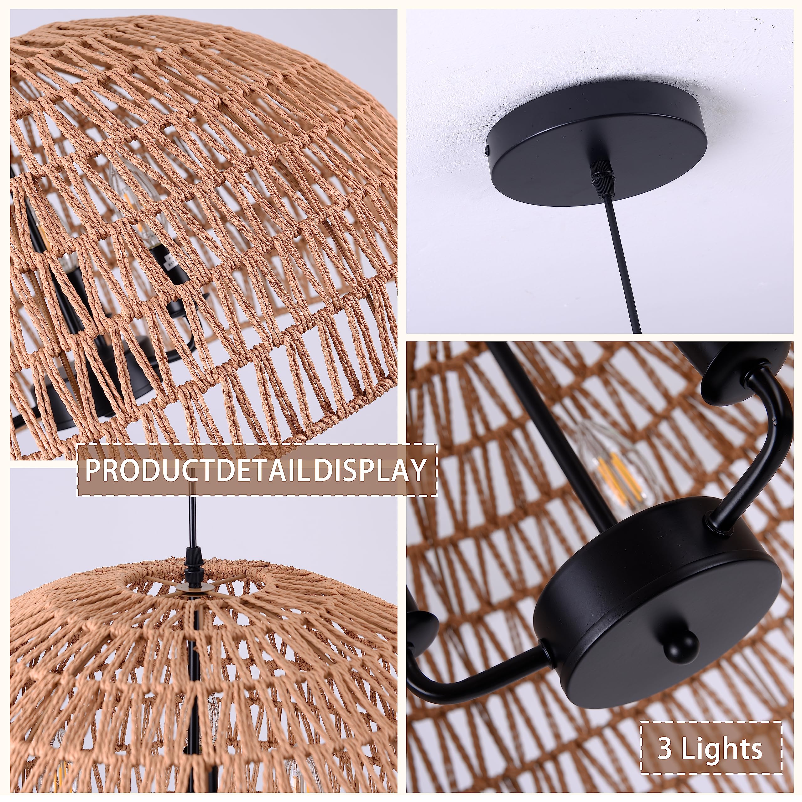 Mini Hemp Rope Woven Pendant Light Woven Light Fixture Boho Chandelier Light Fixture Wicker Pendant Light Rattan Light Pendant Dome Wicker Chandelier for Bedroom Kitchen Island(Bulb Incl.)