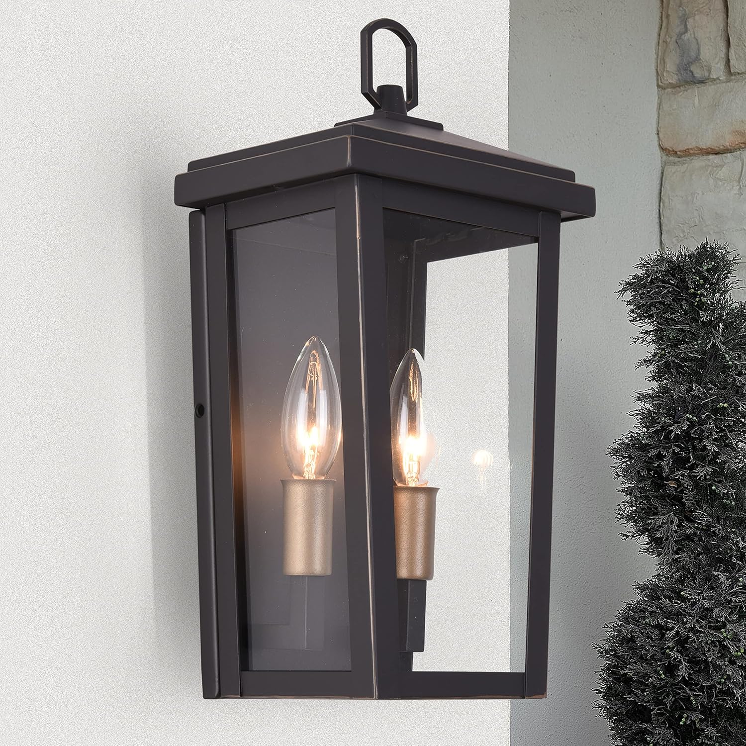 Black LED Outdoor Pendant Lights-Aluminum Waterproof Exterior Hanging Latern-Bubble Columnar Crystal 47 ` Adjustable Chain-Morden Outside Chandelier for Foyers and Porch Areas