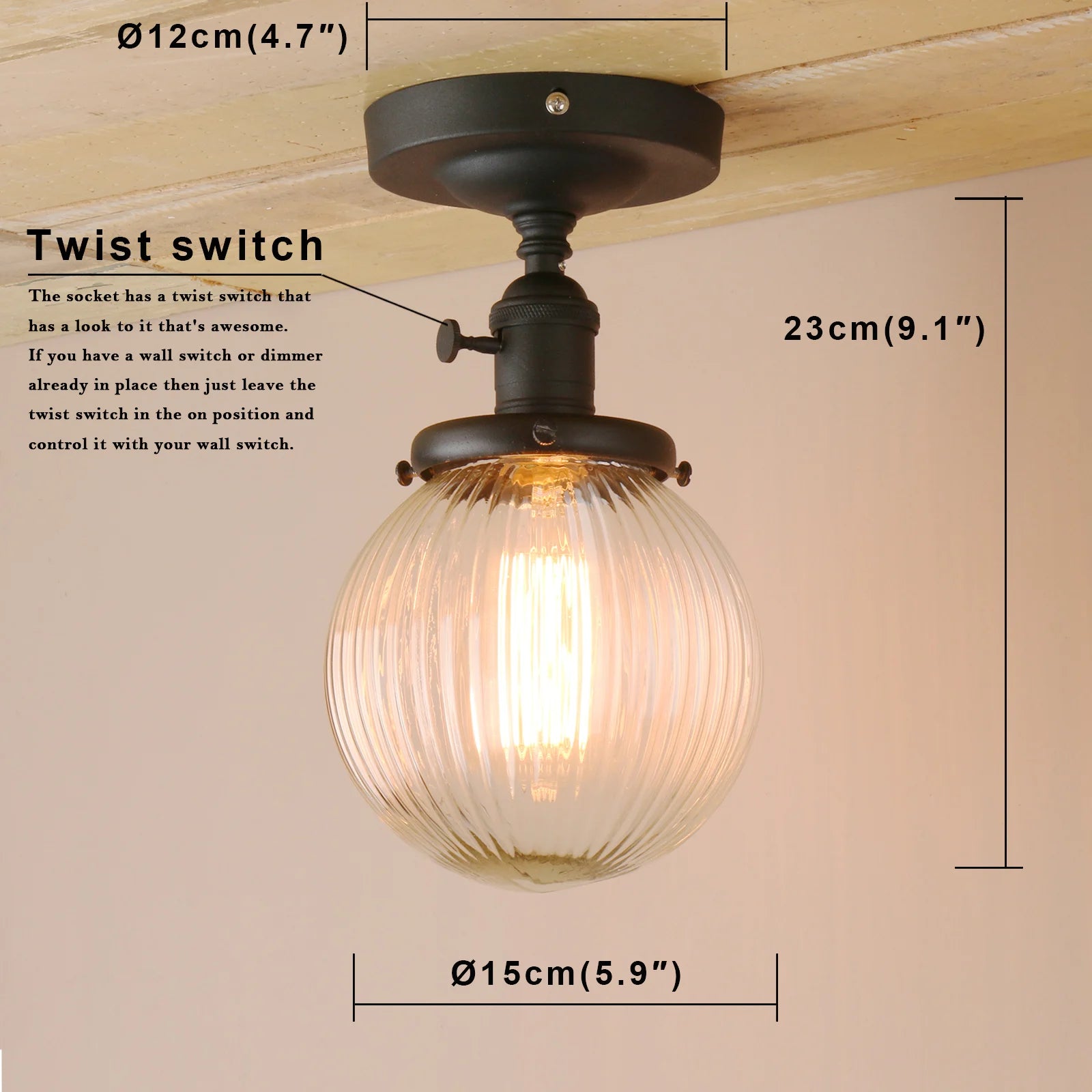 Permo Vintage Industrial Mini 5.9" Round Clear Glass Globe Semi Flush Mount Ceiling Light Fixture