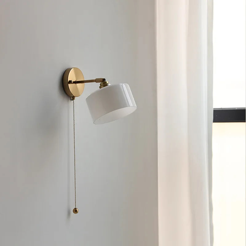 IWHD Milk Glass LED Wall Light Fixtures Pull Chain Switch Bedroom Bathroom Mirror Lights Nordic Modern Copper Wall Beside Lamp