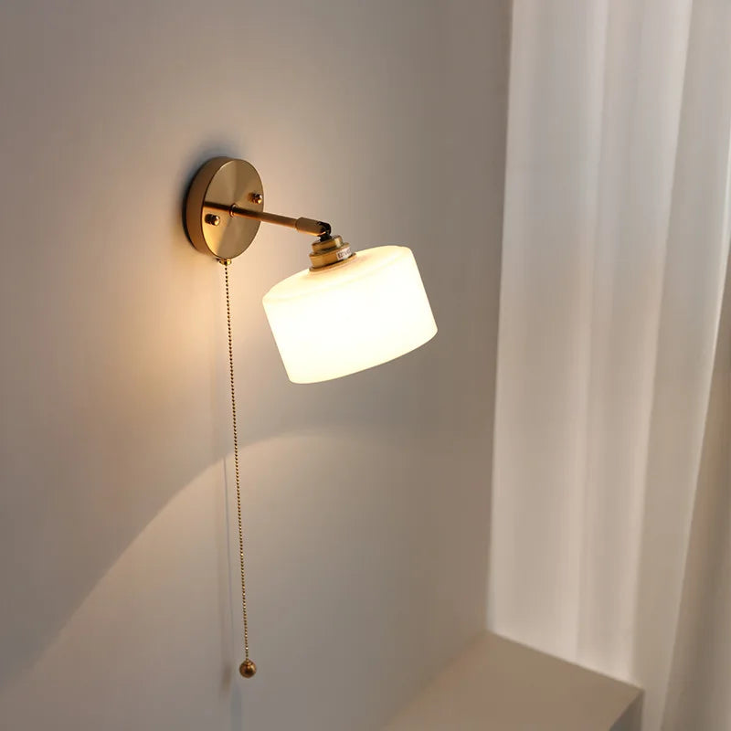 IWHD Milk Glass LED Wall Light Fixtures Pull Chain Switch Bedroom Bathroom Mirror Lights Nordic Modern Copper Wall Beside Lamp