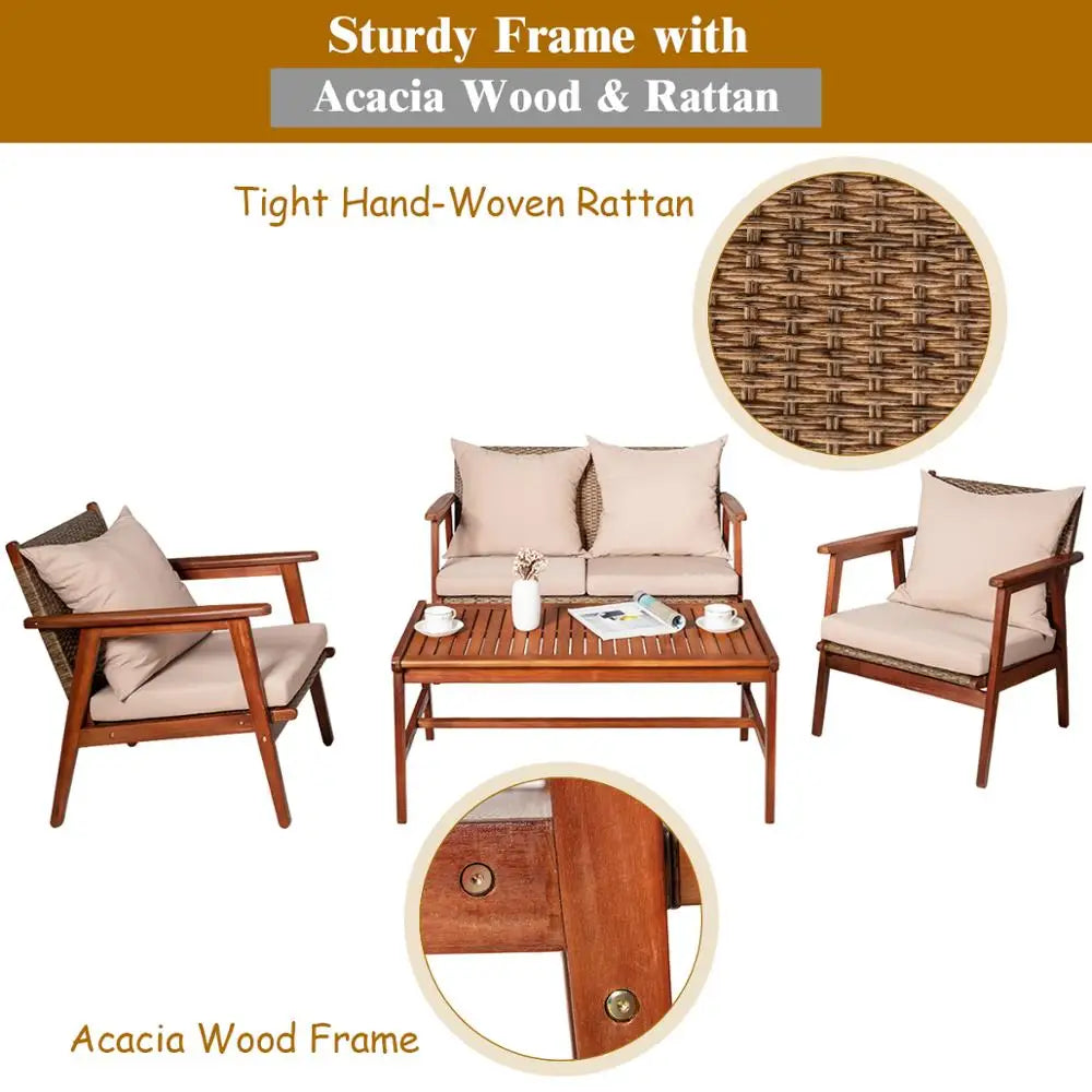 Diano 8 Piece Patio Rattan Furniture Set | Acacia Wood Frame Cushioned Sofa Chair Garden