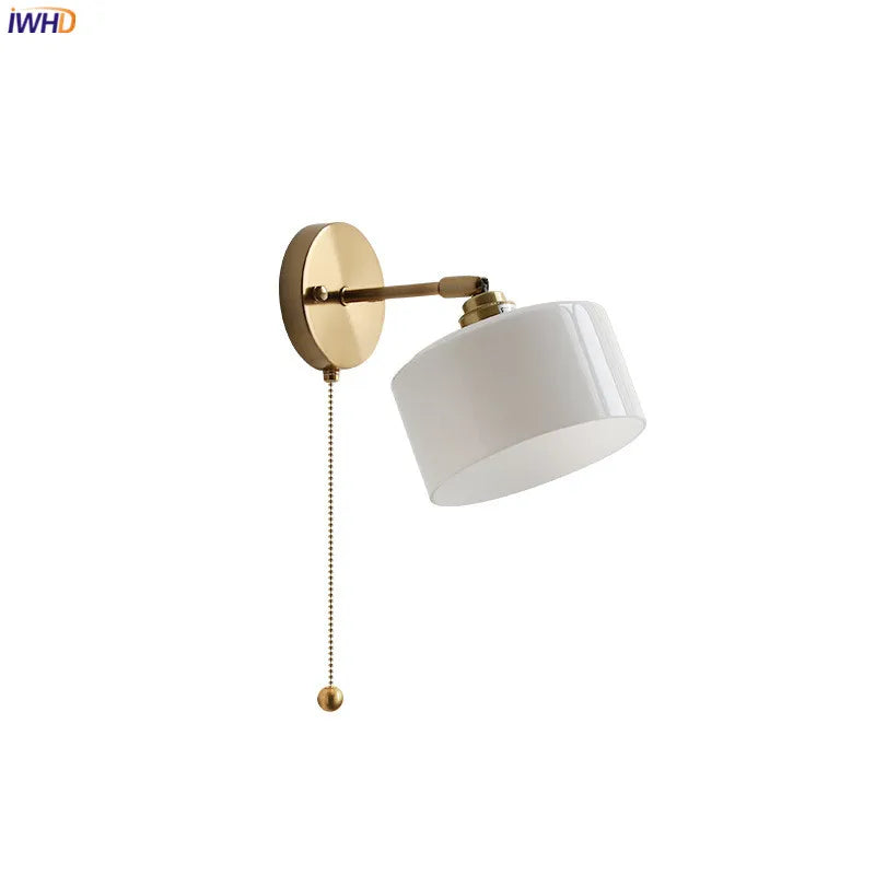 IWHD Milk Glass LED Wall Light Fixtures Pull Chain Switch Bedroom Bathroom Mirror Lights Nordic Modern Copper Wall Beside Lamp