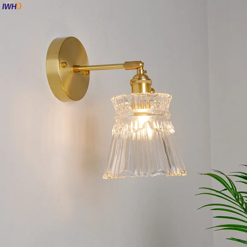 IWHD Copper Glass Vintage Wall Light Fixtures Switch Bedroom Bathroom Mirror Beside Lamp Nordic Modern Wall Sconce Lighting LED