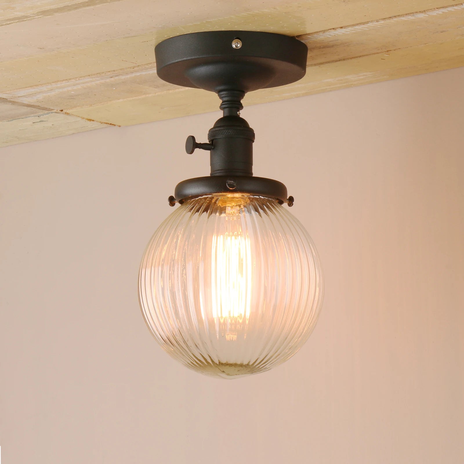 Permo Vintage Industrial Mini 5.9" Round Clear Glass Globe Semi Flush Mount Ceiling Light Fixture