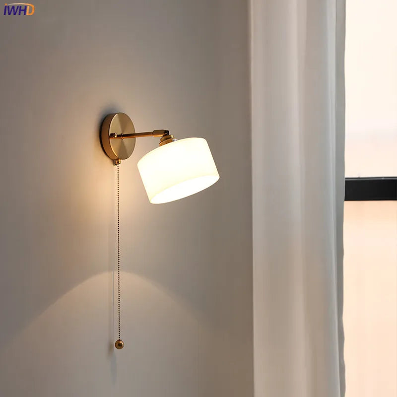 IWHD Milk Glass LED Wall Light Fixtures Pull Chain Switch Bedroom Bathroom Mirror Lights Nordic Modern Copper Wall Beside Lamp