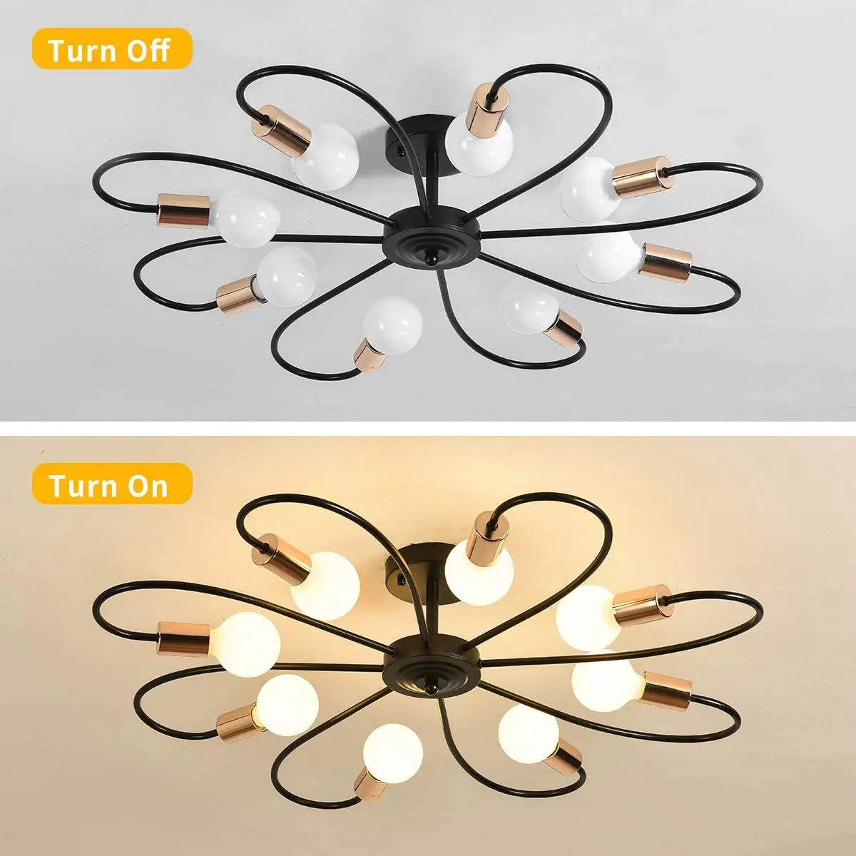 Ganeed 8-Light Semi Flush Ceiling Light Modern Sputnik Chandeliers Mid-Century Metal Pendant Lighting(Black&Gold)