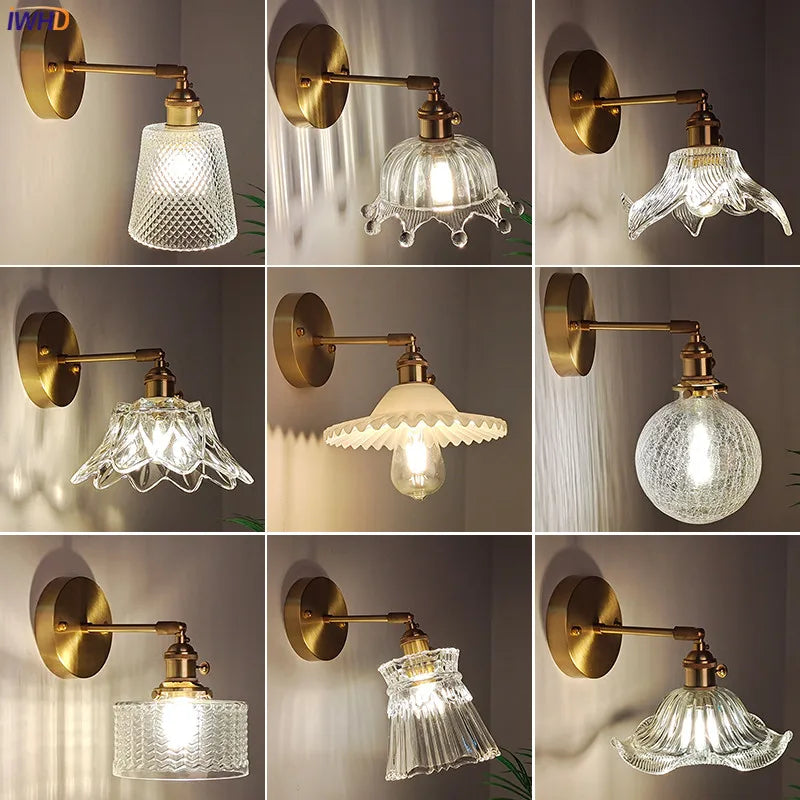 IWHD Copper Glass Vintage Wall Light Fixtures Switch Bedroom Bathroom Mirror Beside Lamp Nordic Modern Wall Sconce Lighting LED