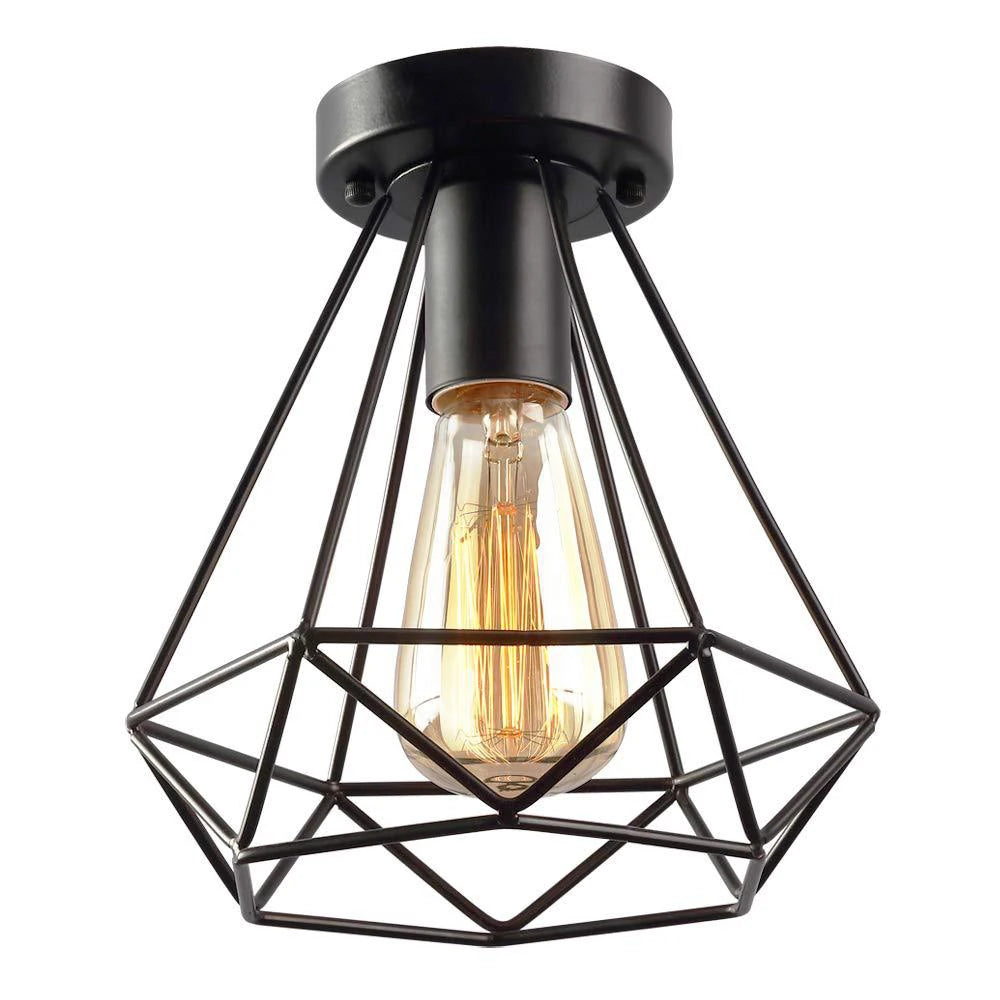 Vintage Ceiling Light Flush Mount Black Iron Lampshade Industrial E27 Pendant Light Grid Cage Bedroom Kitchen Living Room Coffee