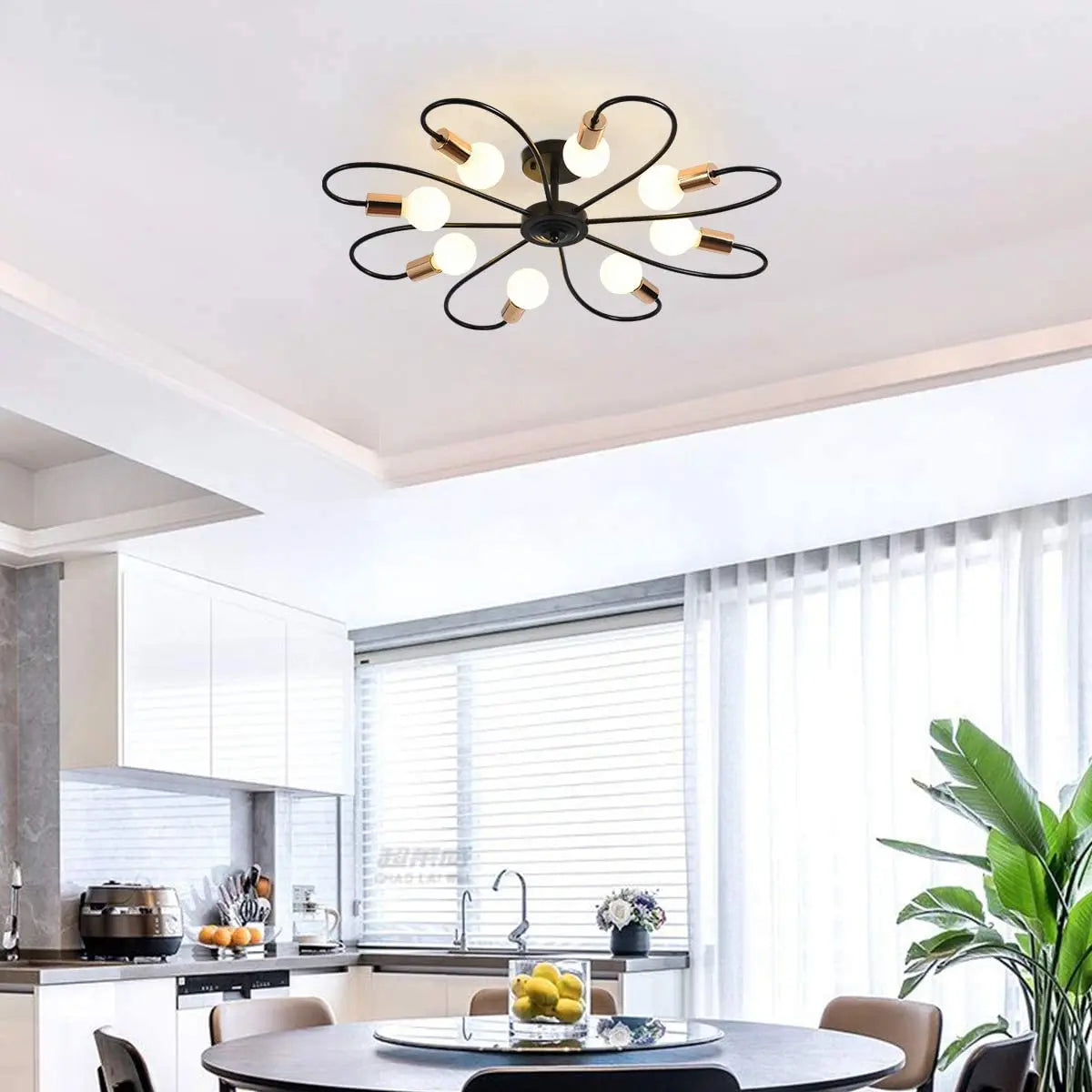 Ganeed 8-Light Semi Flush Ceiling Light Modern Sputnik Chandeliers Mid-Century Metal Pendant Lighting(Black&Gold)