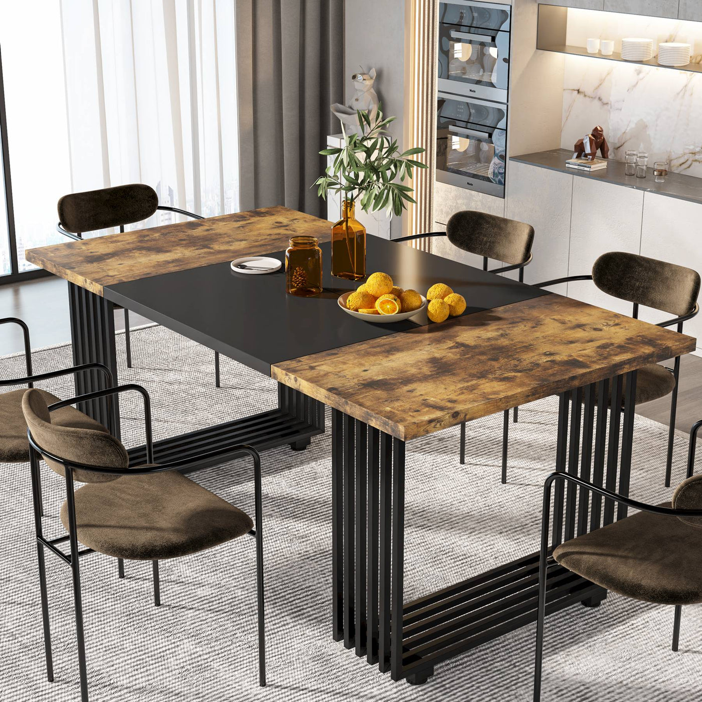 Natal Modern Dining Table | 70.8 Inches Rectangular Marble Faux Wooden Bron Kitchen Table for 6-8 People
