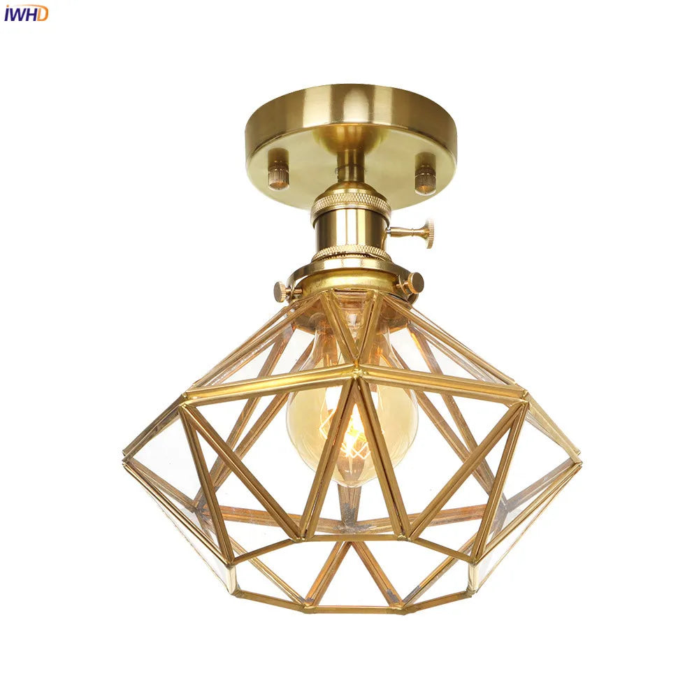 IWHD Nordic Modern Diamond Retro Ceiling Lamp Living Room Balcony Porch Glass Copper LED Ceiling Light Plafondlamp Lampar Techo